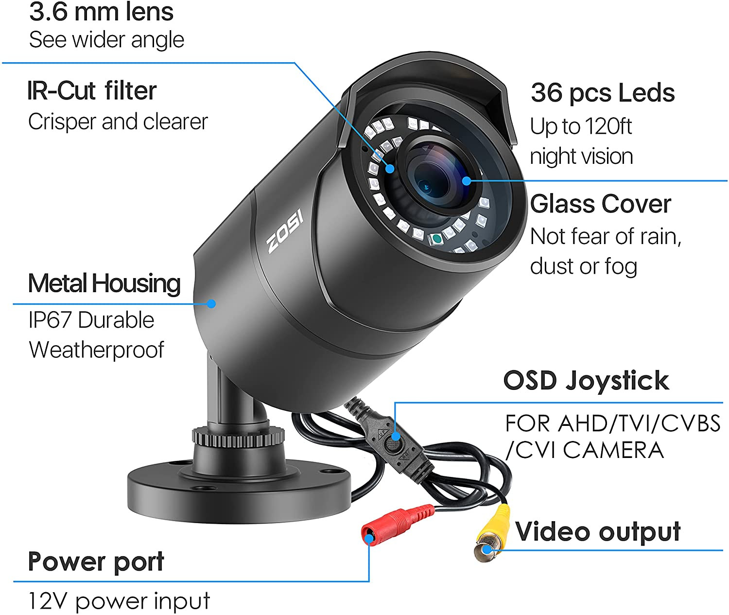 ZOSI 2pcs 4-IN-1 1080p HD 3.6mm TVI AHD CVI Analog Outdoor CCTV Security Camera