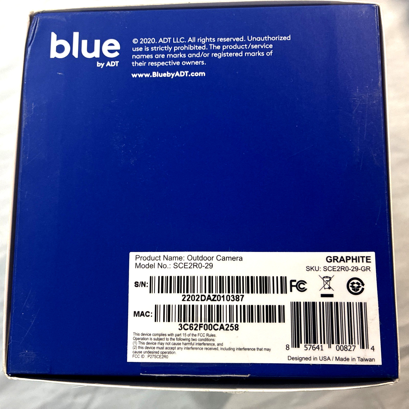 Blue By ADT Outdoor Camera, Model# SCE2R0-29-GR Graphite Open Box