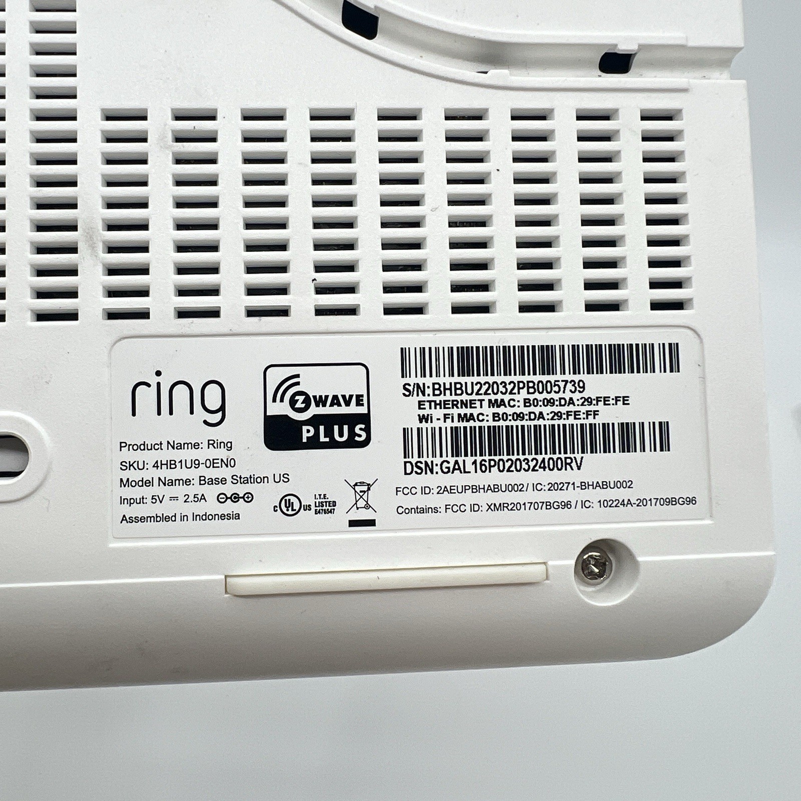 Ring Base Station US 4HB1U90EN0 Z Wave Plus With OEM Power Cable CLEAN