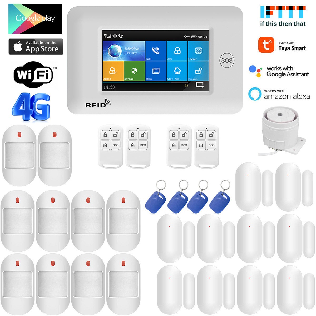 V40 Tuya APP Alexa WiFi+4G GSM Wireless Touch Keypad Home Security Alarm System