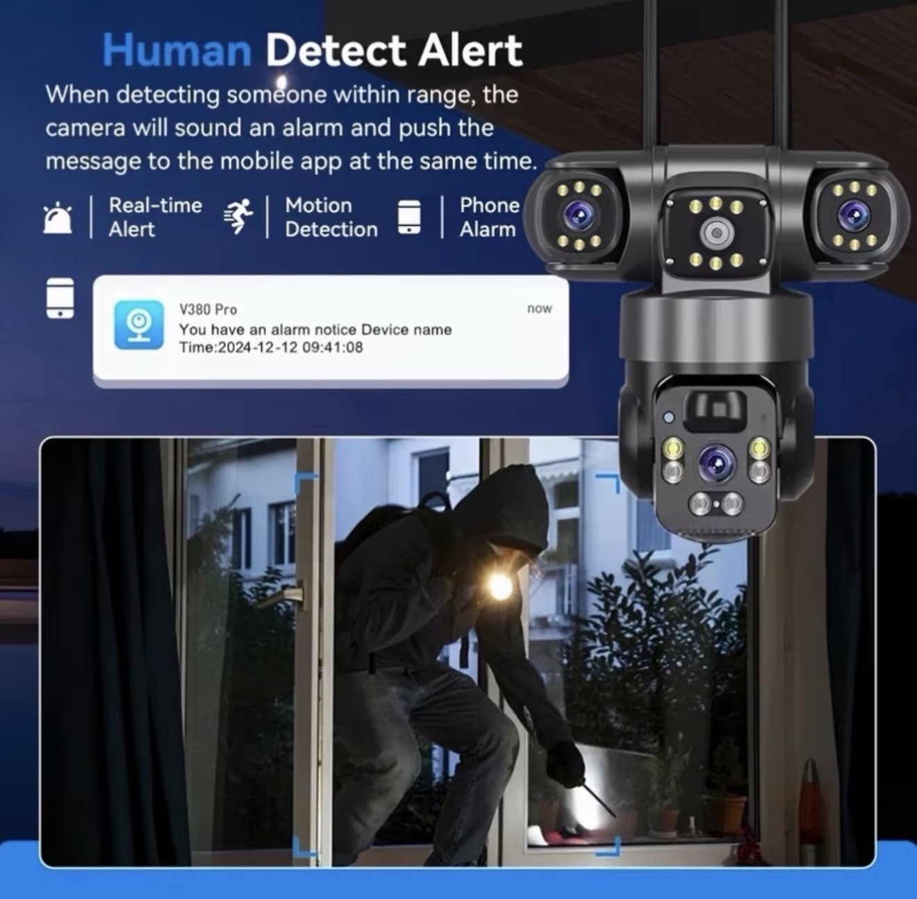 4K WiFi Outdoor Solar Powered Security Camera, 3 Lens, with 64G MMC
