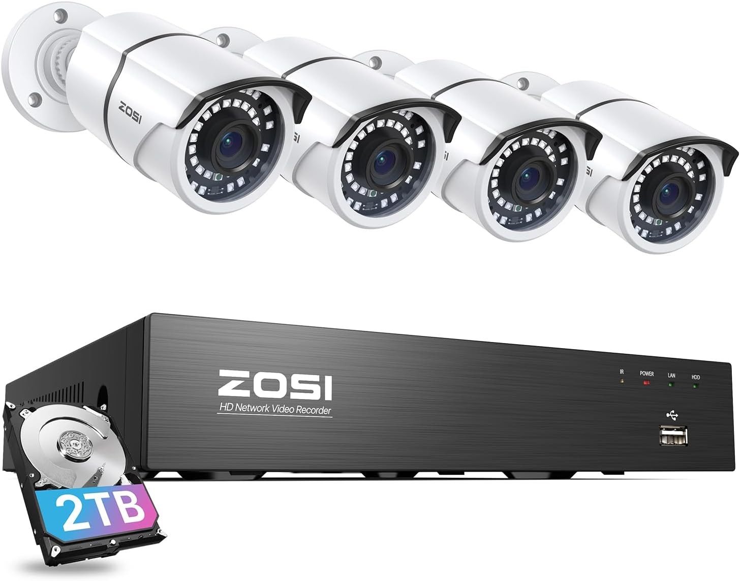 ZOSI 8CH 4pcs 5MP PoE Security Camera System with 2TB HDD Night Vision Detect