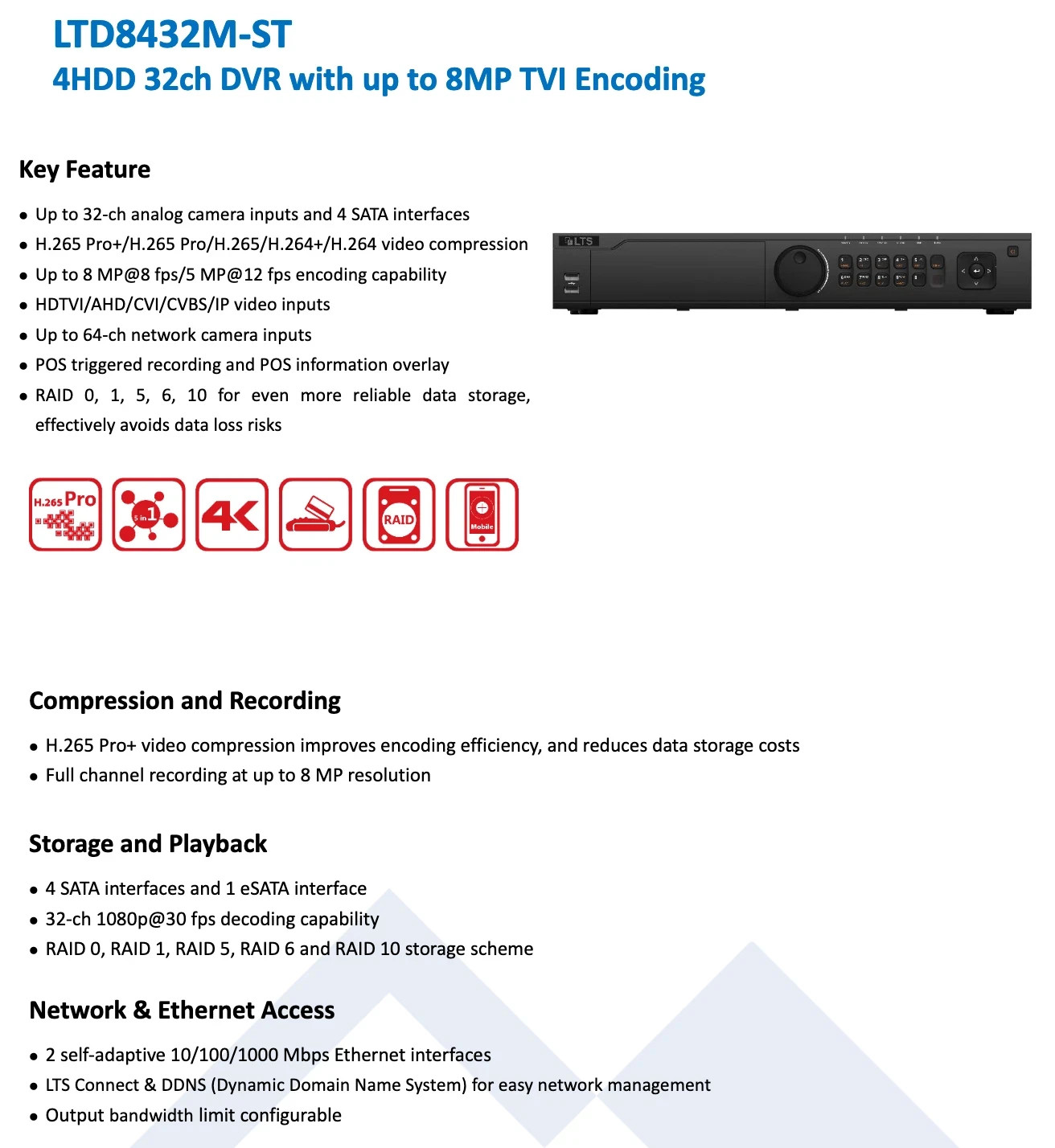 LTD8432M-ST 32CH DVR 5in1 TVI/CVI/AHD/Analog 8MP + 32CH upto 12MP 4 SATA DVR