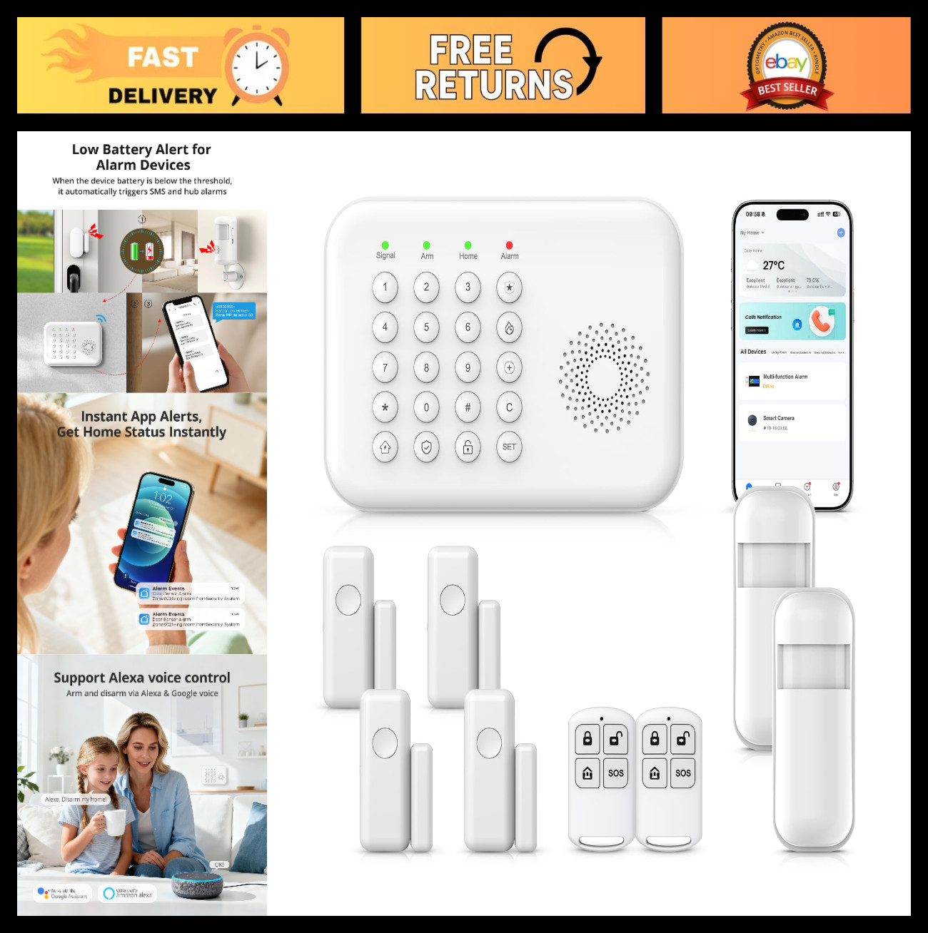 Home Security Alarm System WiFi GSM 4G, Door Sensors & Motion Detectors, No Fees