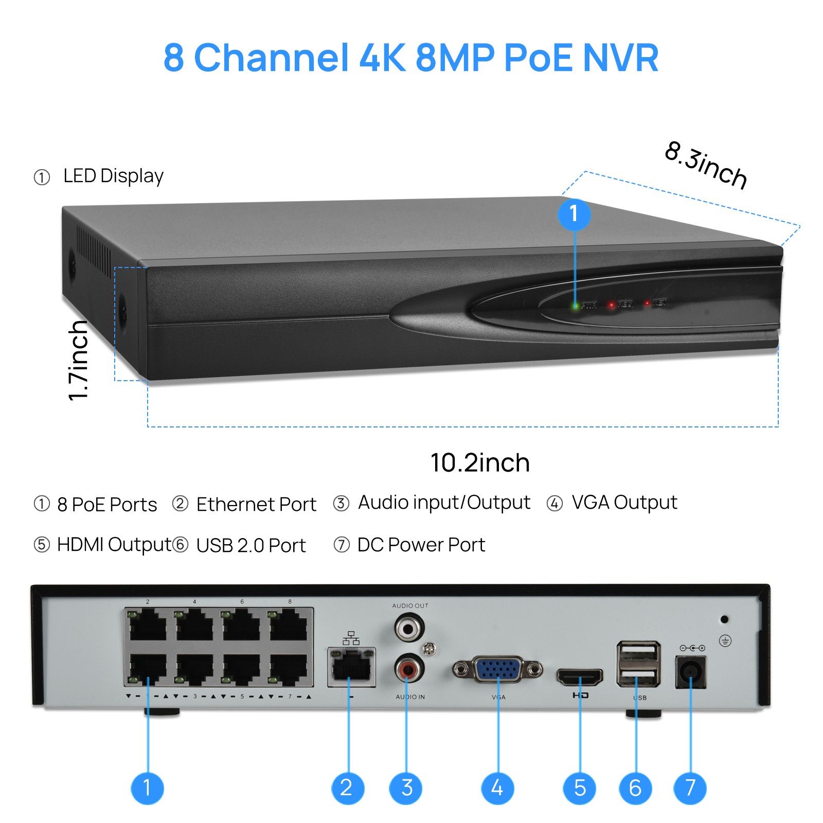 VIKYLIN 8CH NVR Systems 24h Full Color Turret POE 8MP IP Camera MIC Outdoor Lot