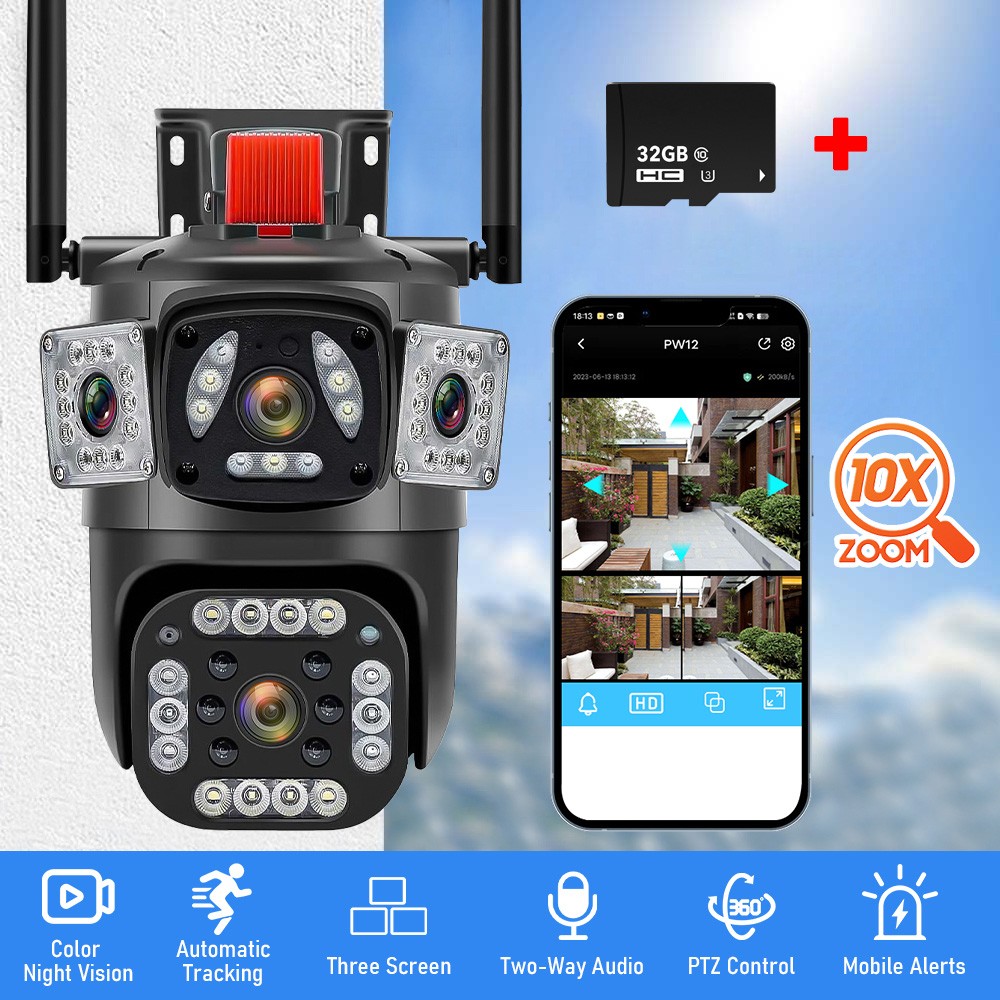 9MP Outdoor Home Security Camera WiFi CCTV PTZ IR Cam 2 Lens 3 Screen 10X ZOOM
