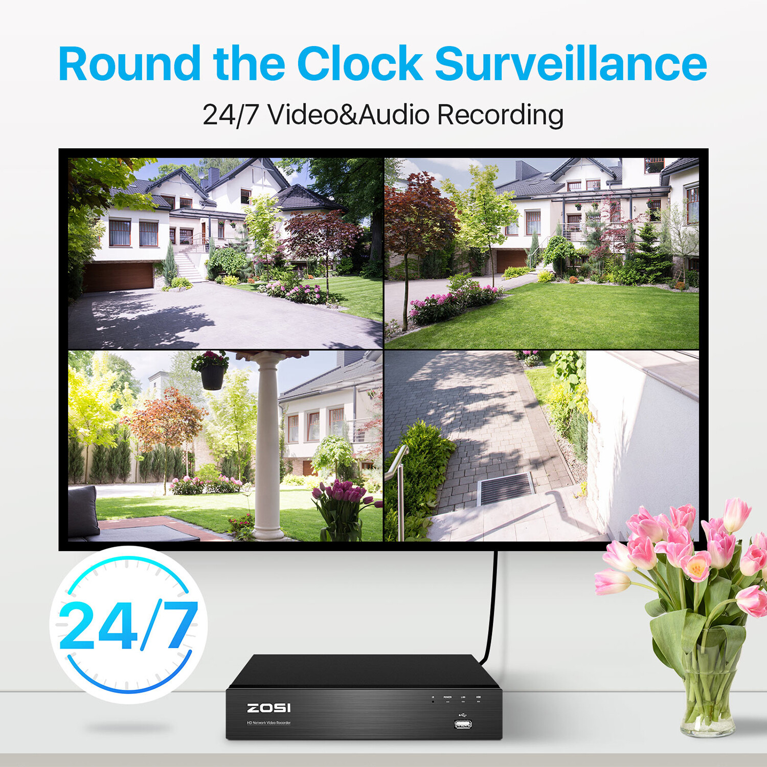 ZOSI 8CH 4K NVR 8MP PoE Security Camera System 2TB 24/7 Audio Record AI Motion