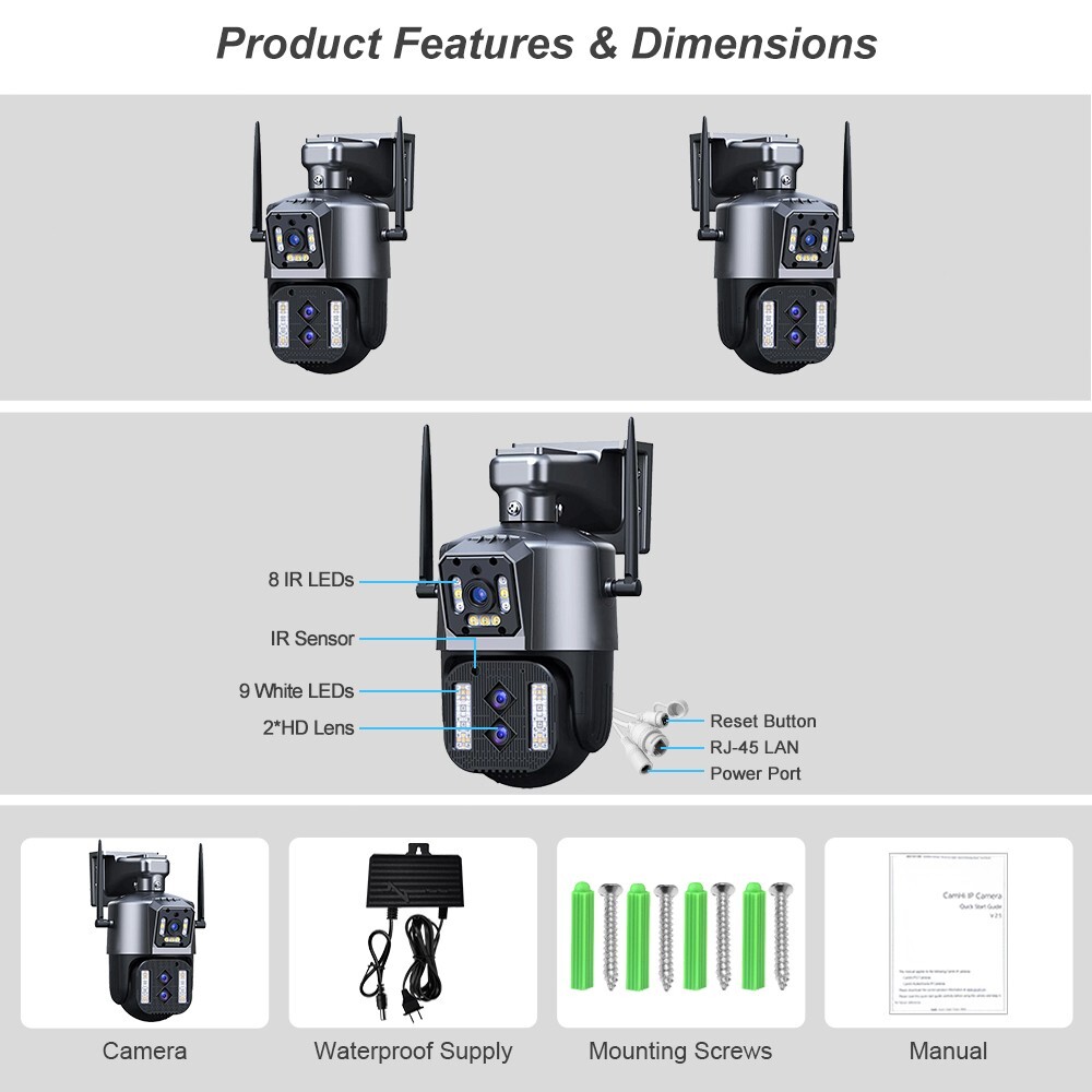 WIFI 12MP Wireless Camera 3-Lens PTZ 10x IR Night Vision Security 2-Way Audio
