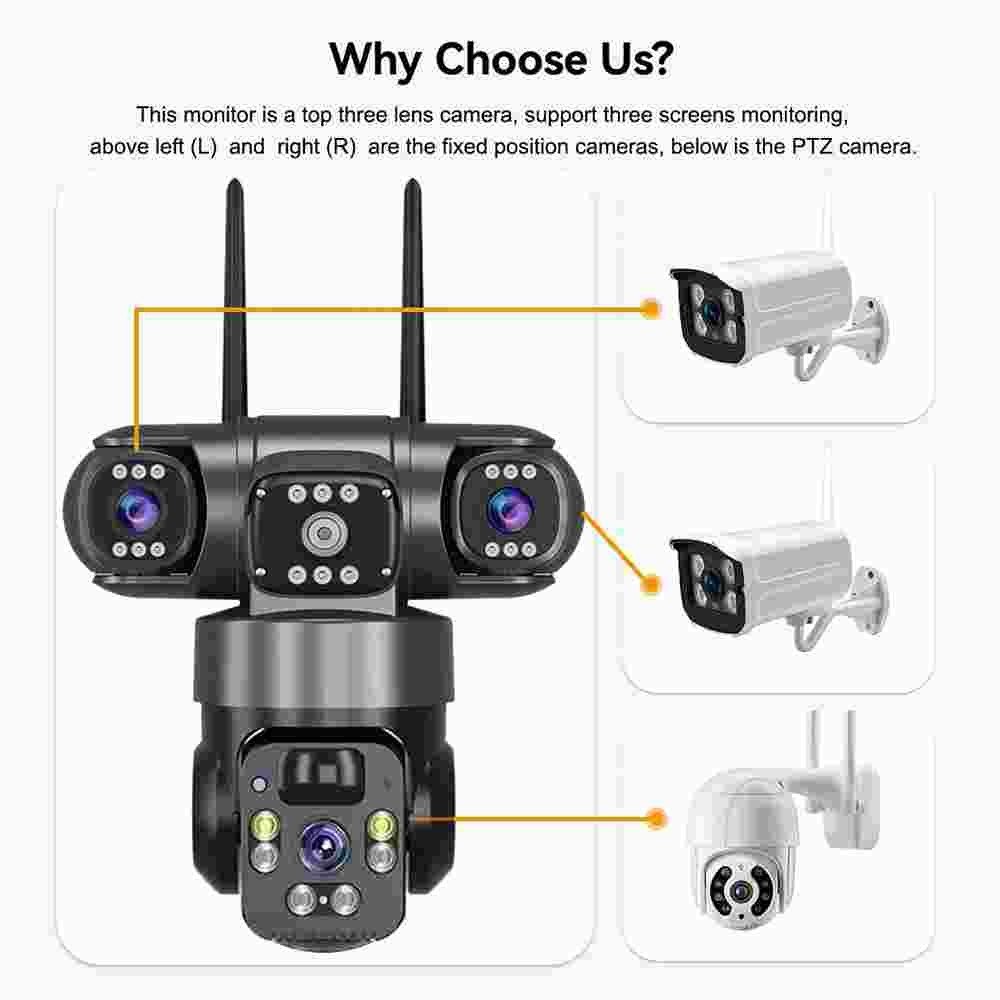 3 Lens HD 9MP WiFi Solar Camera Wireless Outdoor CCTV PTZ Home Security IR Cam