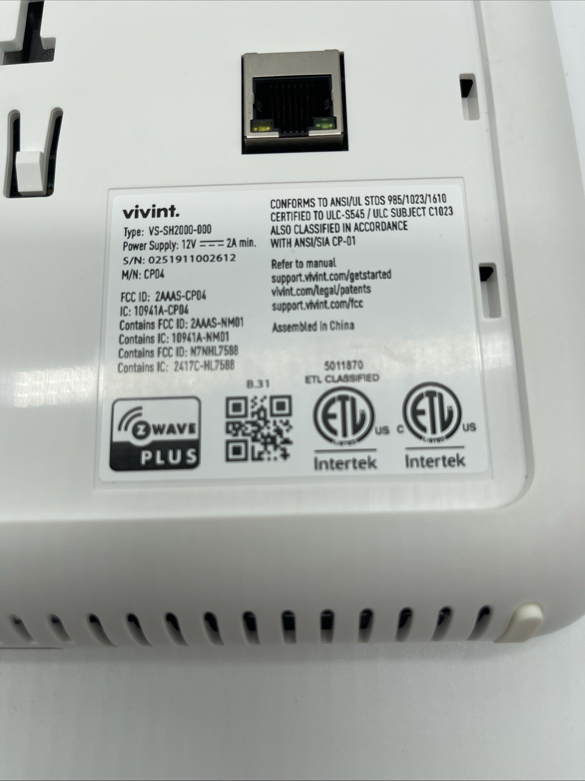Vivint VS-SH2000-C00 Smart Home Control Panel ONLY. W/O POWER ADAPTER Backdoor