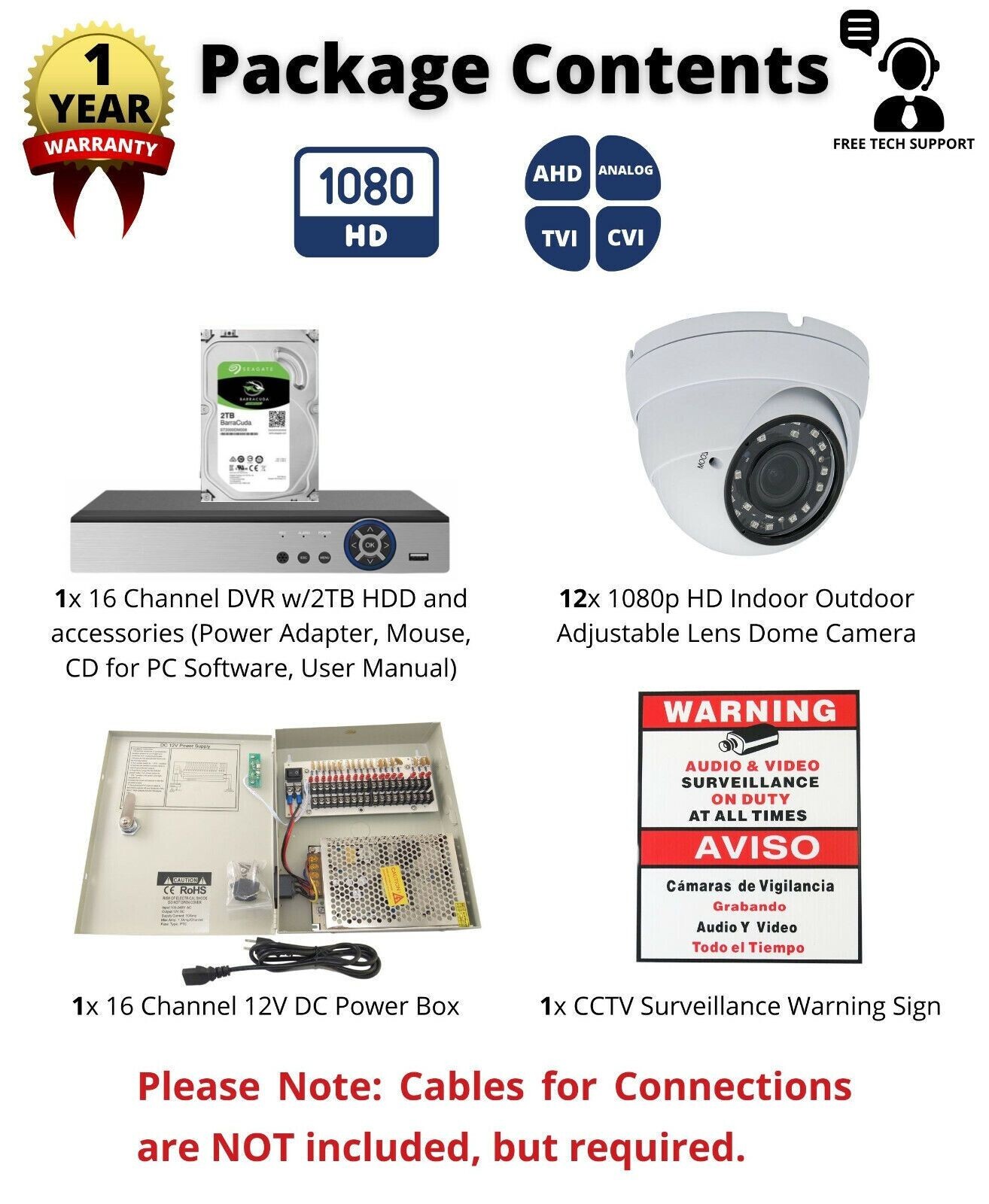 12 Camera Surveillance System 1080p HD Metal Security Camera 16ch DVR NO Cables