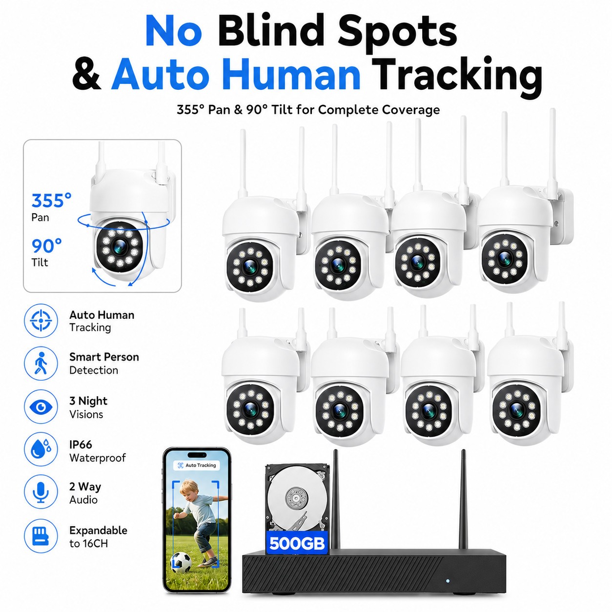 8 Pcs PTZ Cameras & Wireless CCTV Security Camera System WiFi 16CH 4K NVR Audio