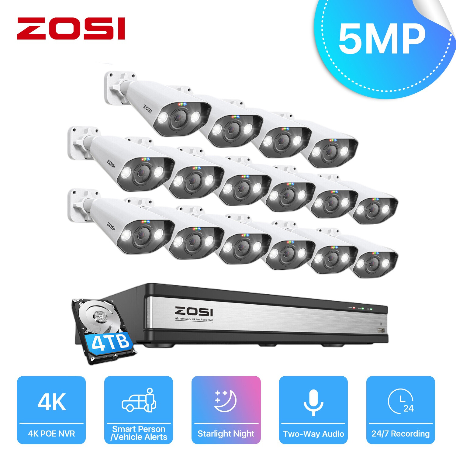 ZOSI 8CH/16CH 4K NVR 5MP POE Security Camera System AI Human Car Detect IR Audio