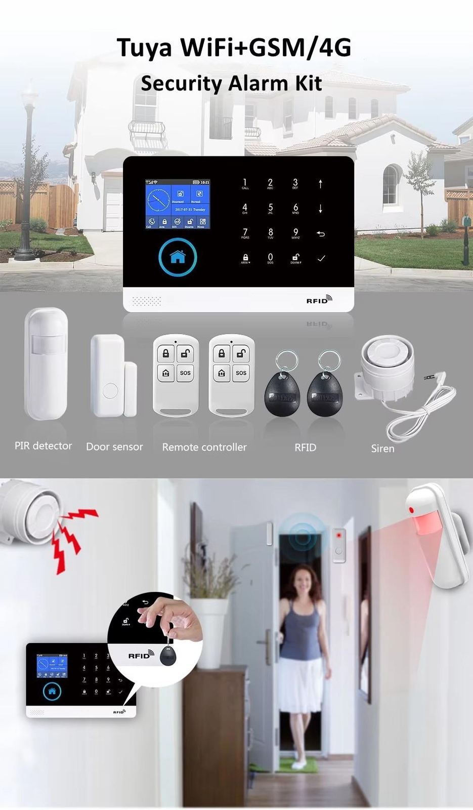 2.4G Wifi / 4G GSM Smart Home Wireless Siren Tuya Security Alarm System Camera