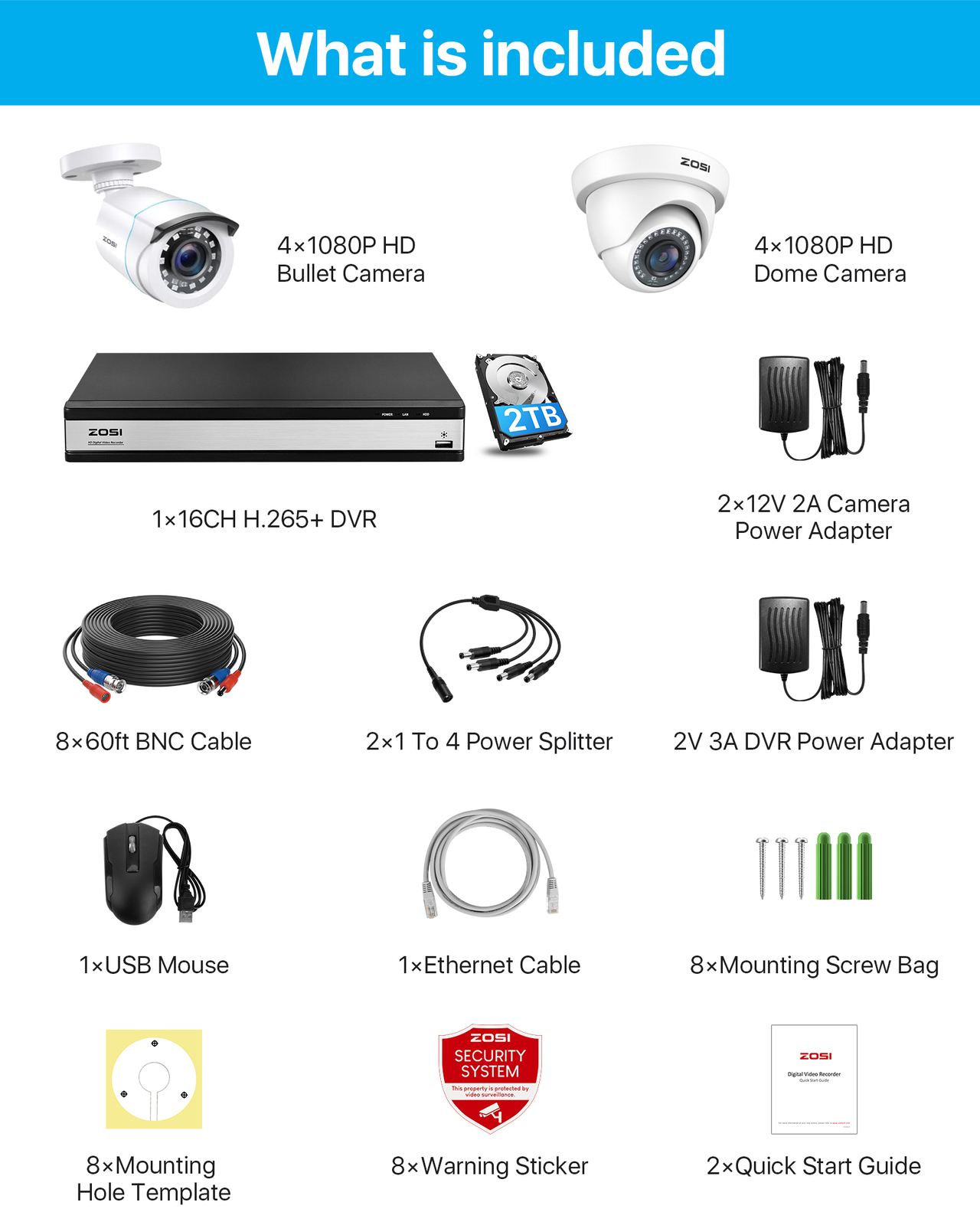 ZOSI H.265 16Channel 1080p HDMI Surveillance CCTV DVR Security Camera System 2TB