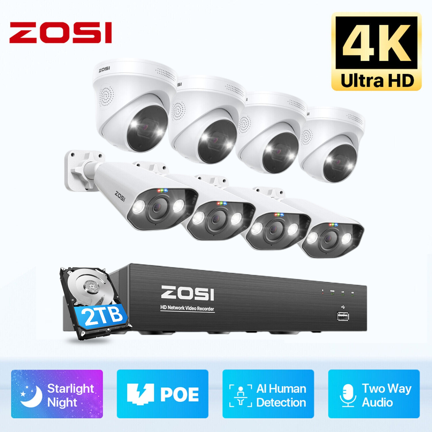 ZOSI 8CH 4K NVR 8MP PoE Security Camera System 2TB 24/7 Audio Record AI Motion