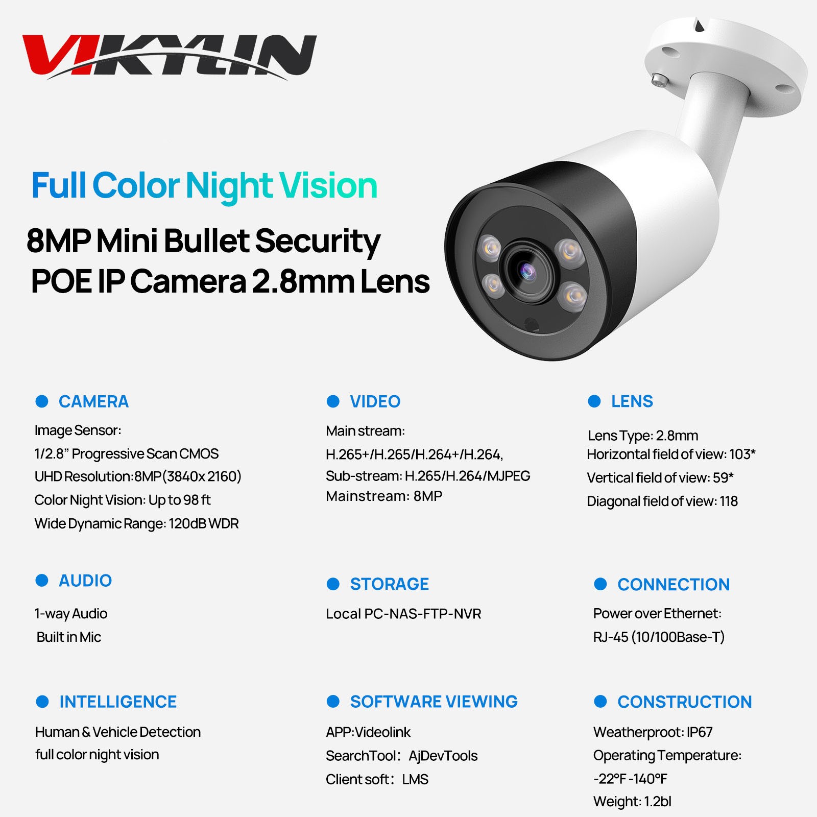 VIKYLIN 8CH 8POE NVR Systems Full Color Mini Bullet/Turret POE 8MP IP Camera Lot