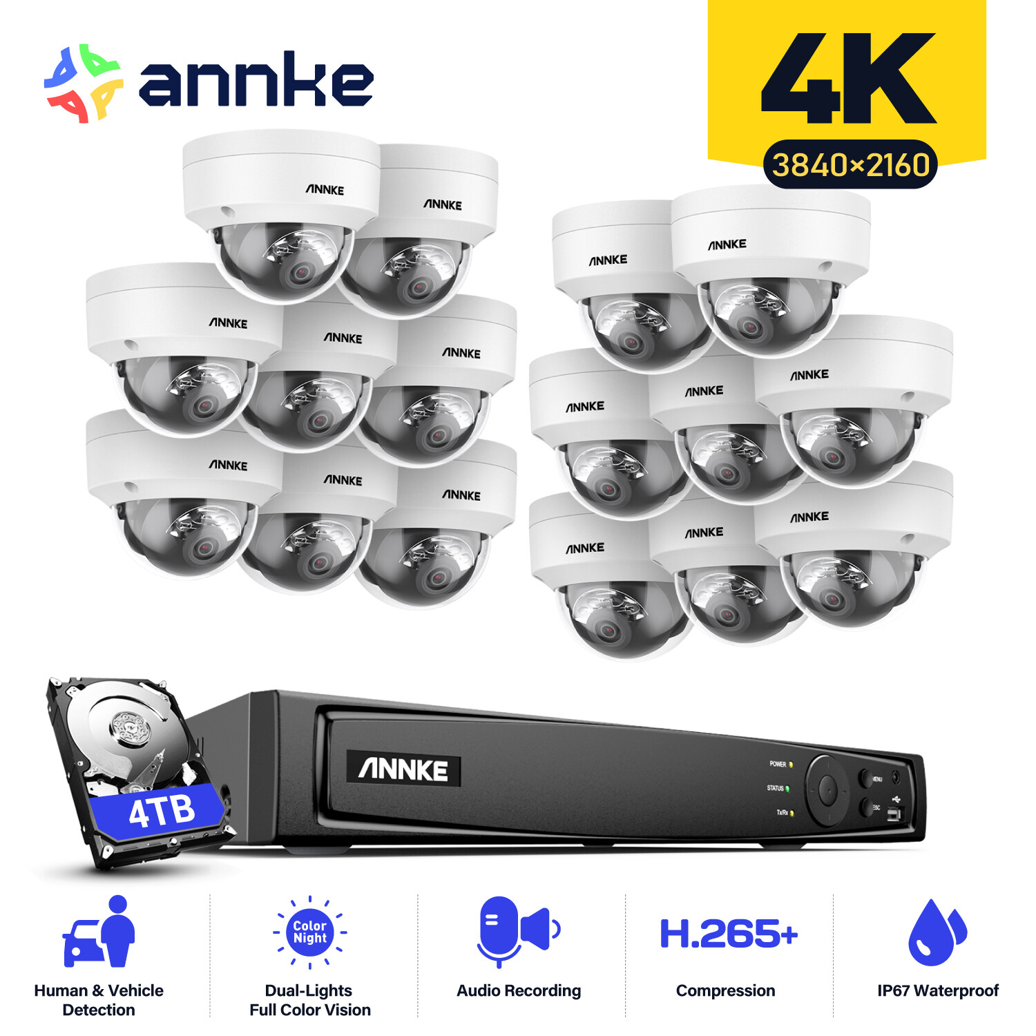 ANNKE 12MP 8CH 16CH NVR 4K Audio POE Security Camera System Color Night Outdoor