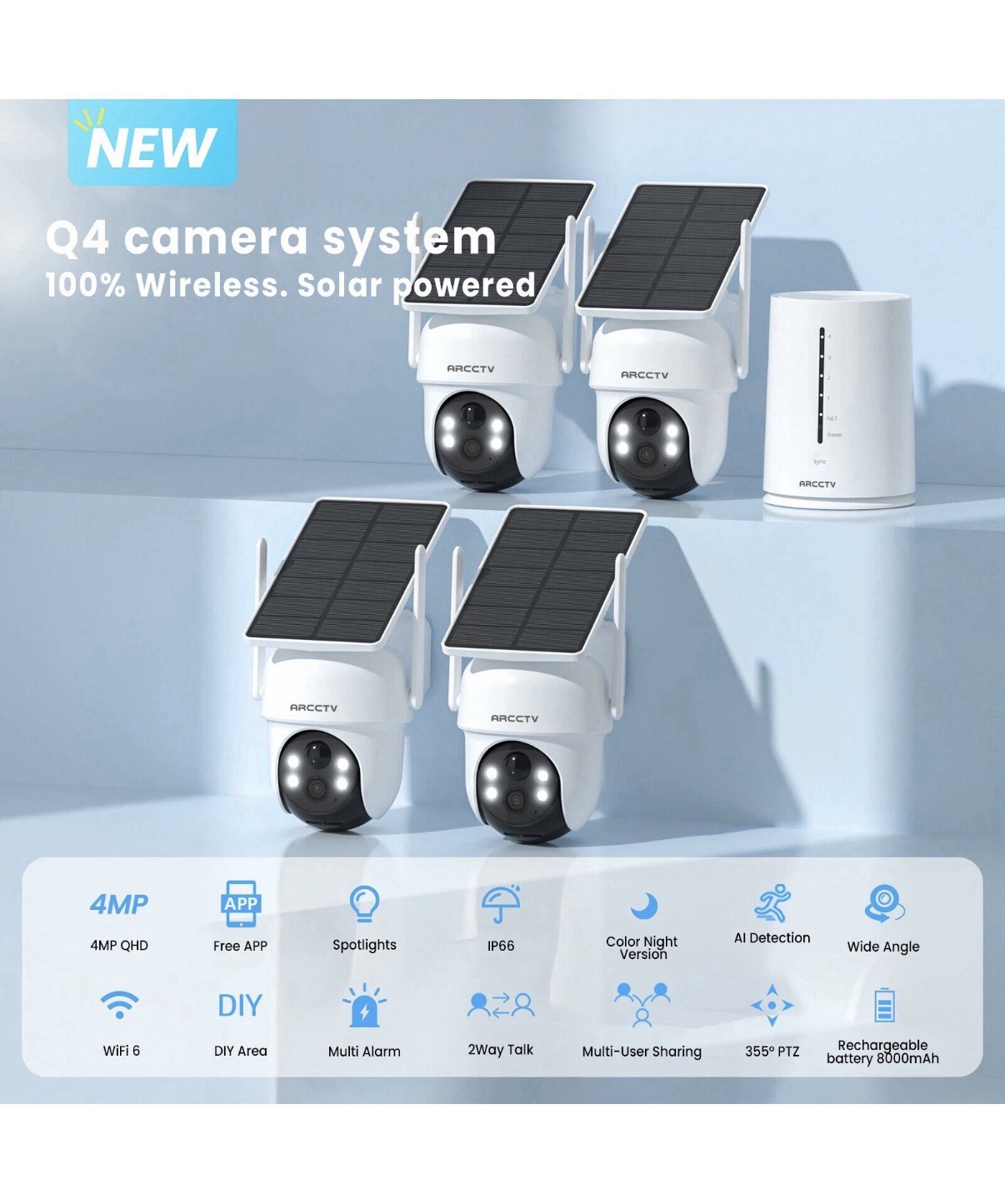 ARCCTV 4-Camera Solar Security System Wireless Wi-Fi Outdoor CCTV Kit