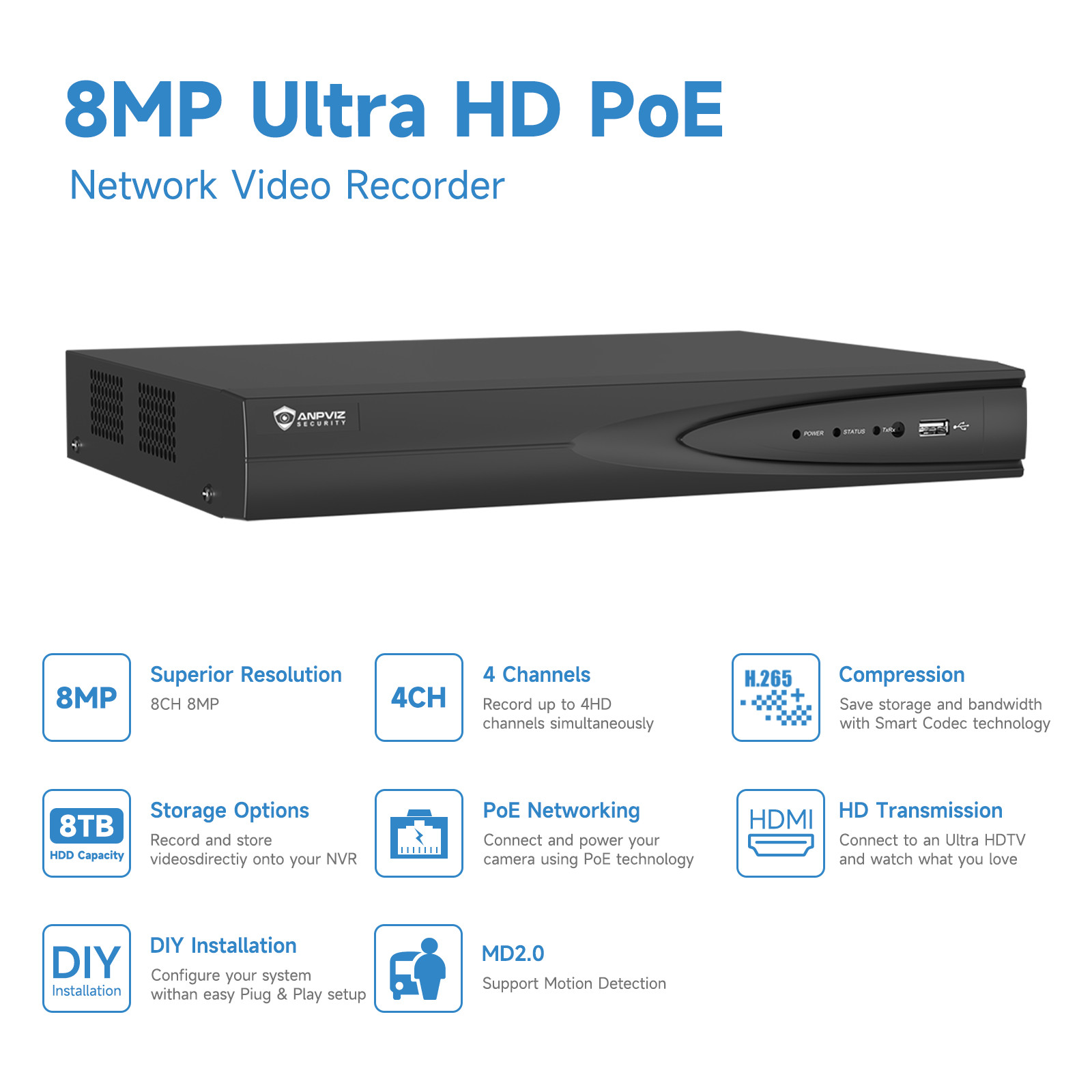 Anpviz 8MP w/Audio POE Security IP Camera System 8MP 4CH NVR Color Night Vision