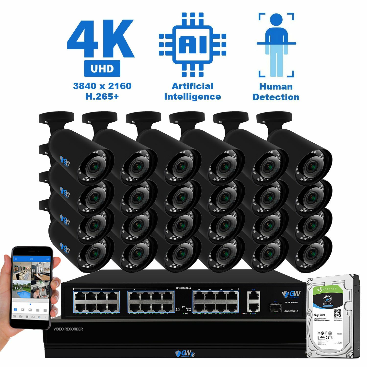 24 4K AI Smart Varifocal Camera 32CH PoE NVR Color Night Vision Security System