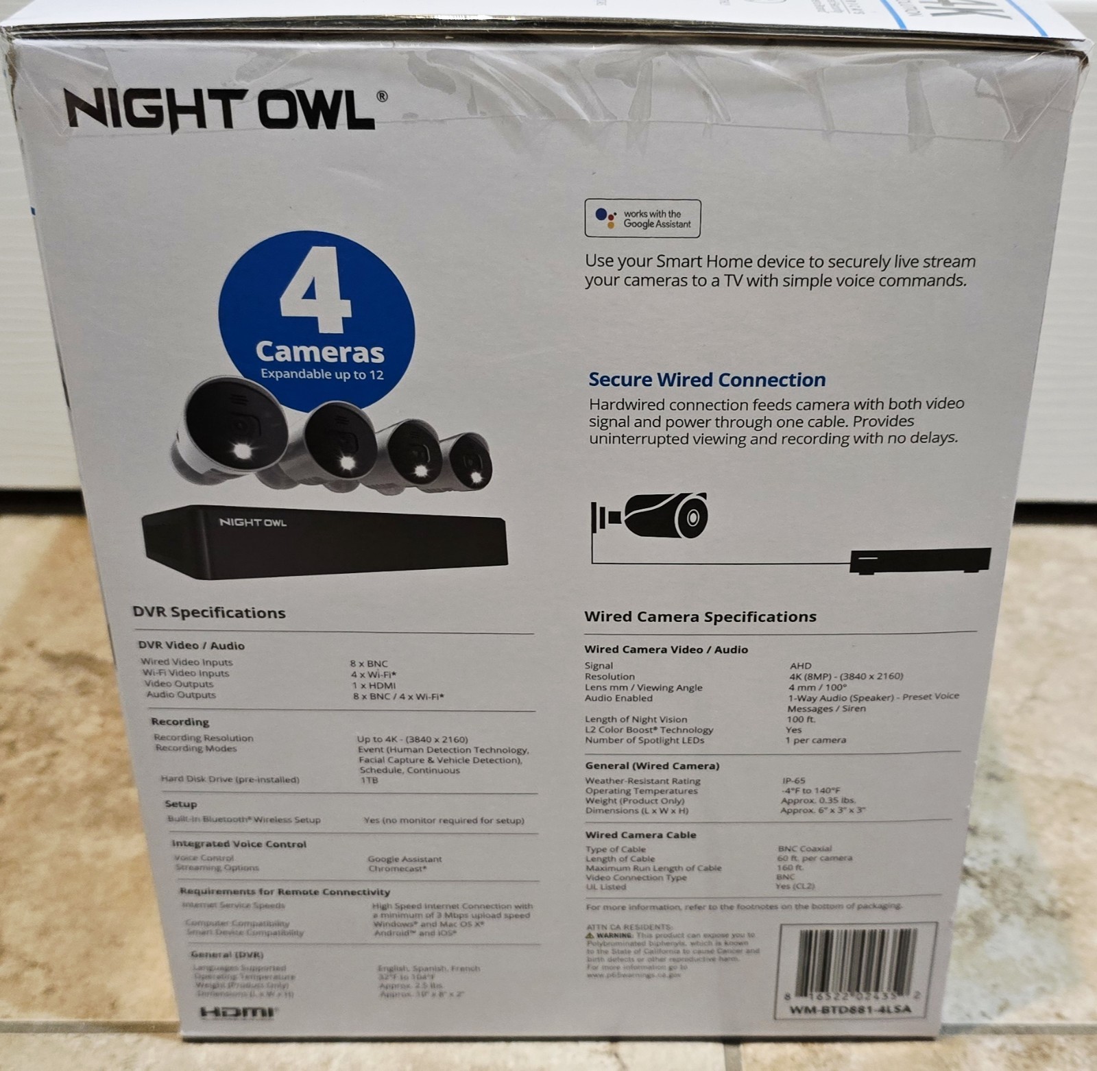 NEW Night Owl 8 Channel 4K Bluetooth DVR w/ 1TB Hard Drive & 4 Wired UHD Cameras