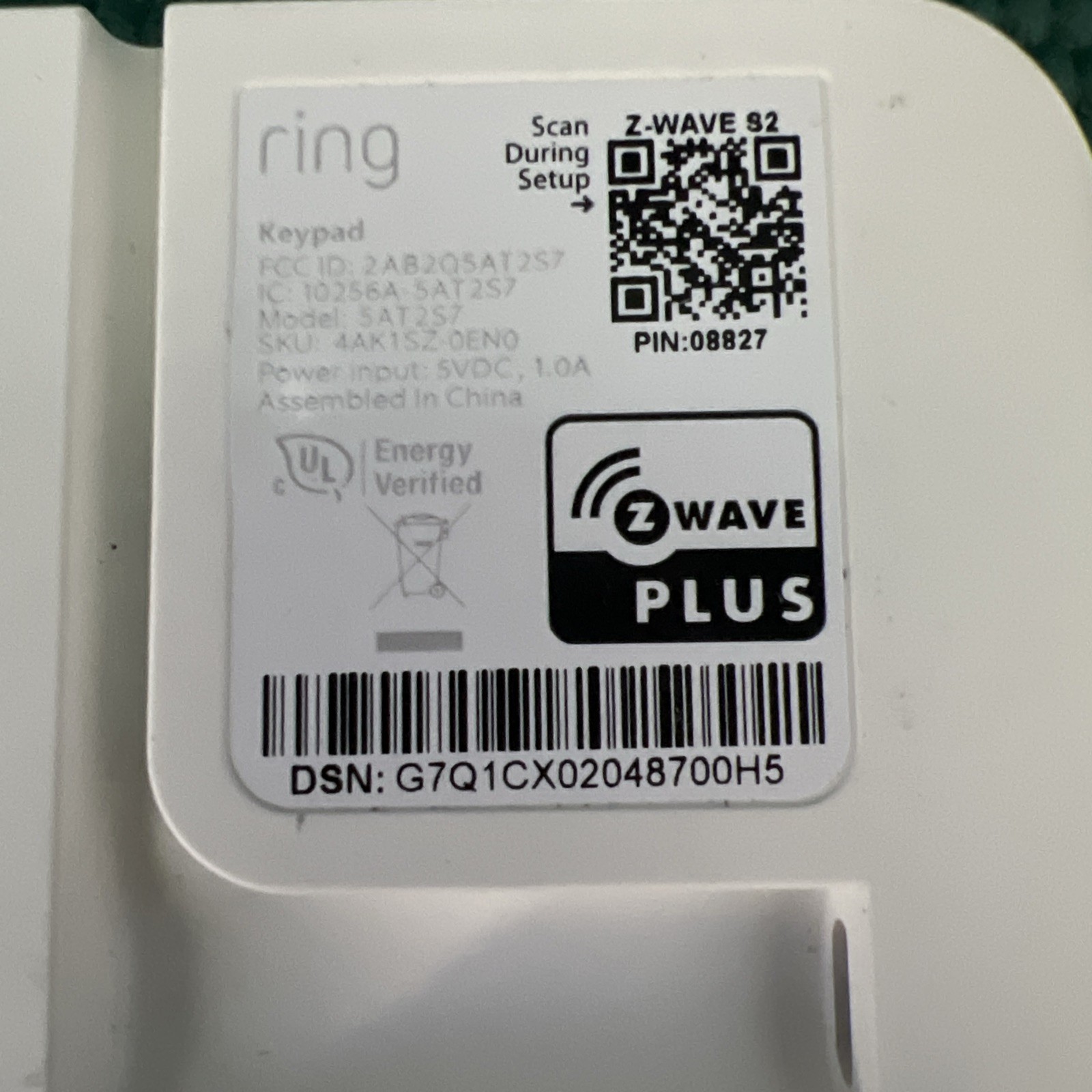 Ring Alarm Keypad (2nd Gen) Model 5AT2S7 Z-Wave Plus w/ Power Adapter Works