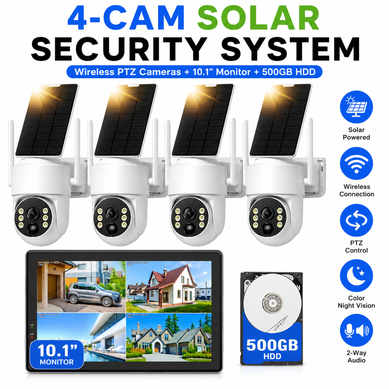Solar Powered Security Camera Outdoor Wireless System 10CH 10″ Monitor Home HDD