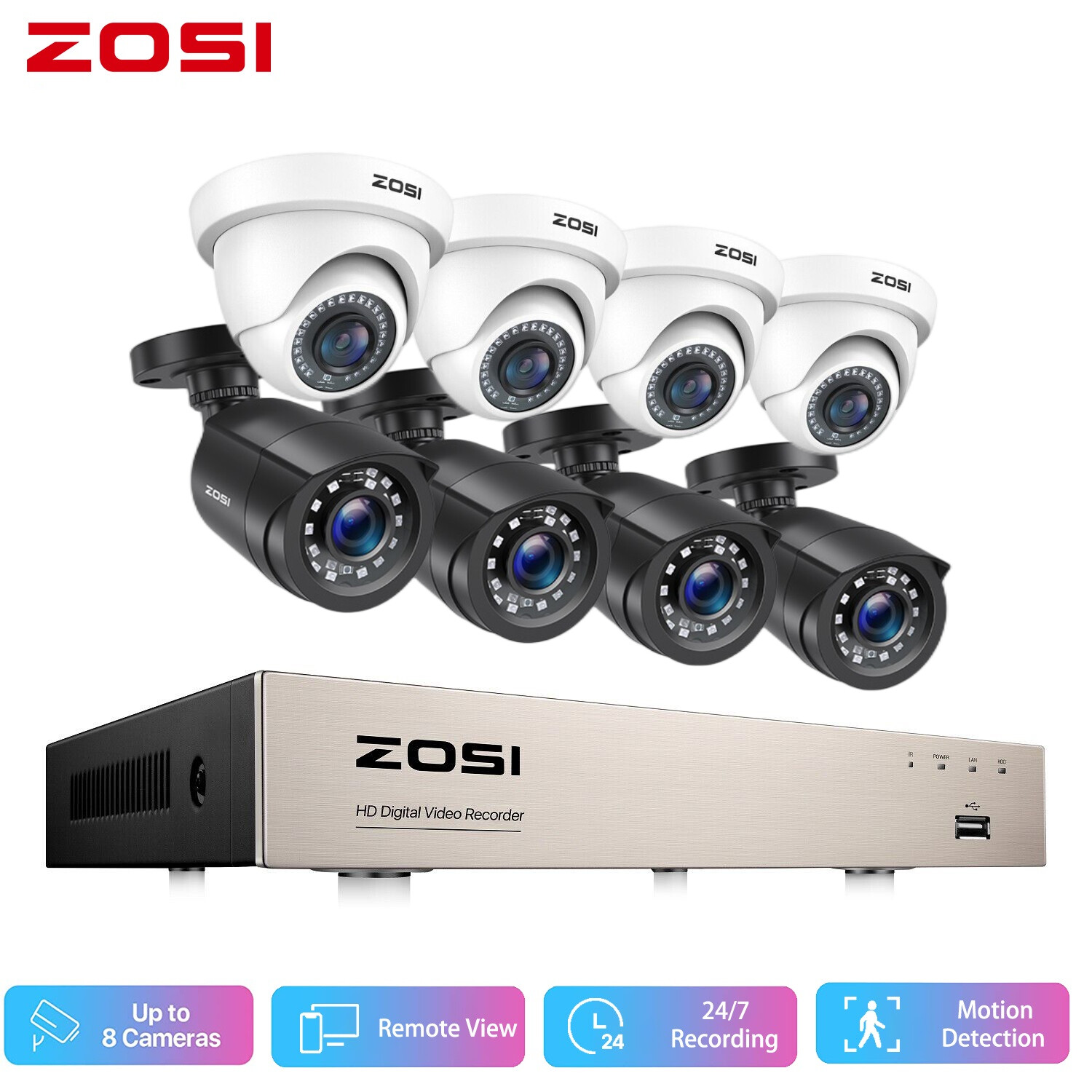 ZOSI 8CH 5MP Lite DVR 2MP Outdoor CCTV Security Camera System Wired HD IR Night