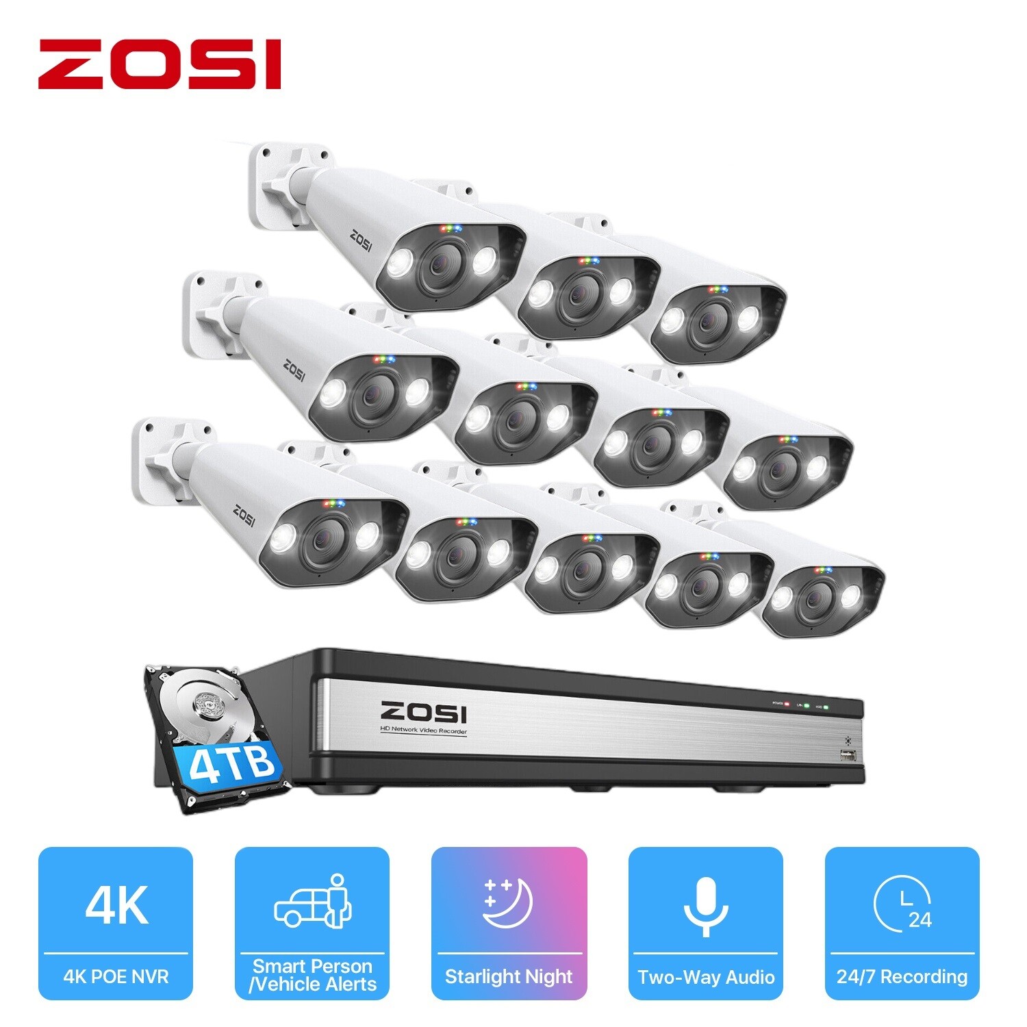 ZOSI 4K 16CH NVR 5MP/8MP IP Home POE Security Camera System AI Face Alerts Audio