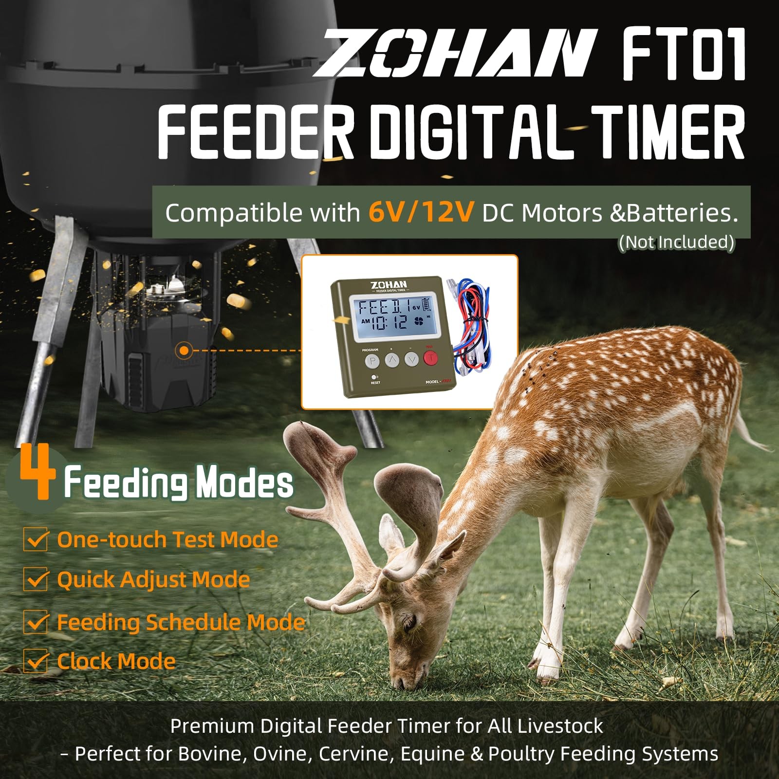 ZOHAN FT01 Deer Feeder Timer – Universal 6V/12V 24h Automatic AMY GREEN