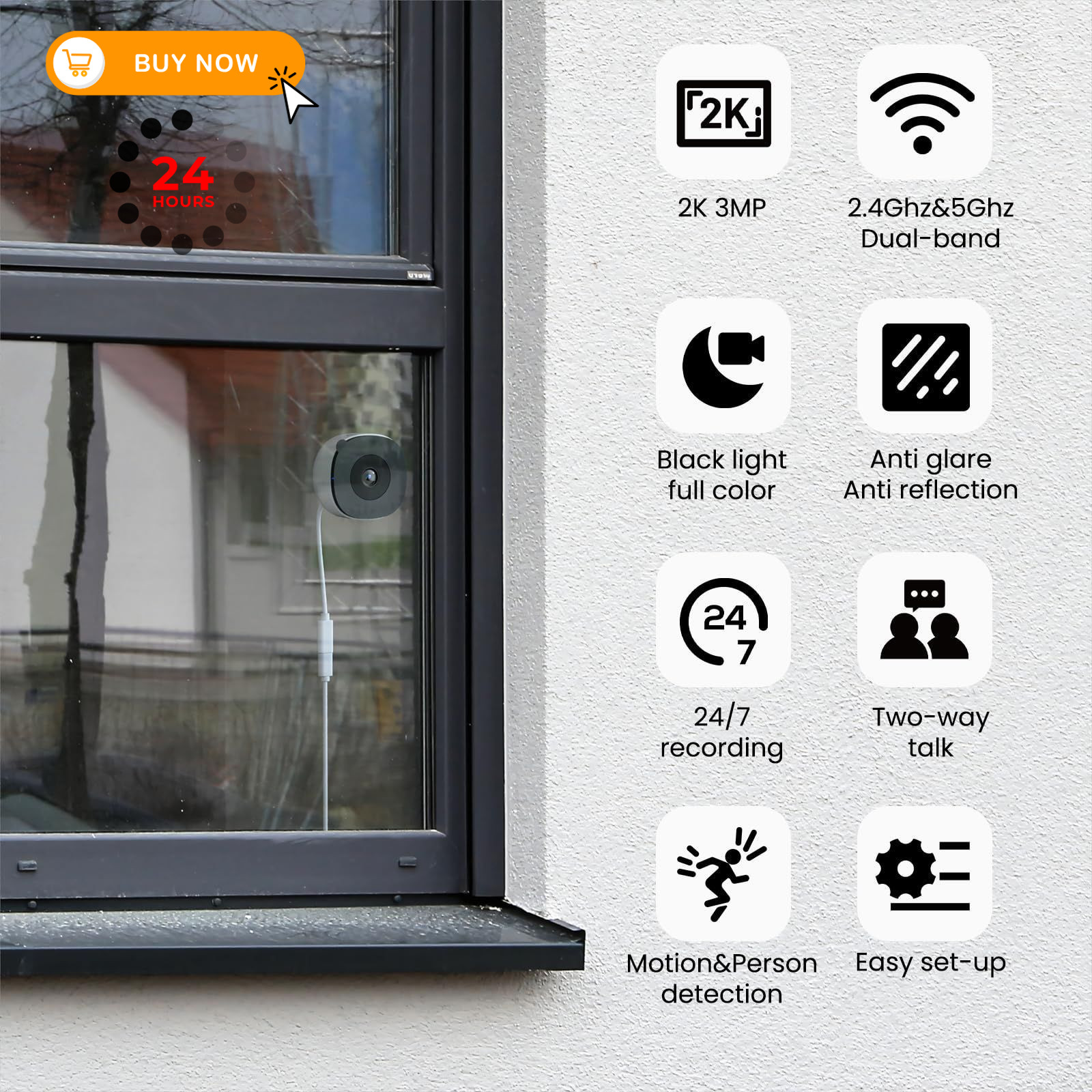 INFIYA 2K Window Cameras for Home Security- 5Ghz & 2.4G&5G 1-Pack, White