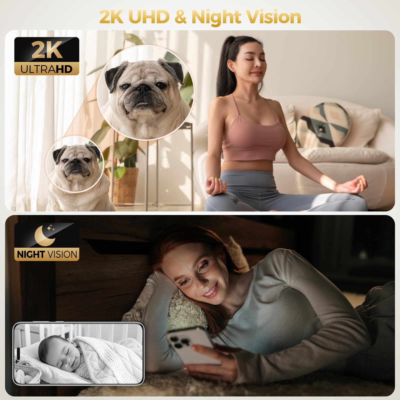 ZEEPORTE 2K Indoor Cameras for Home Security – Baby Monitor and 2-Pack, Black