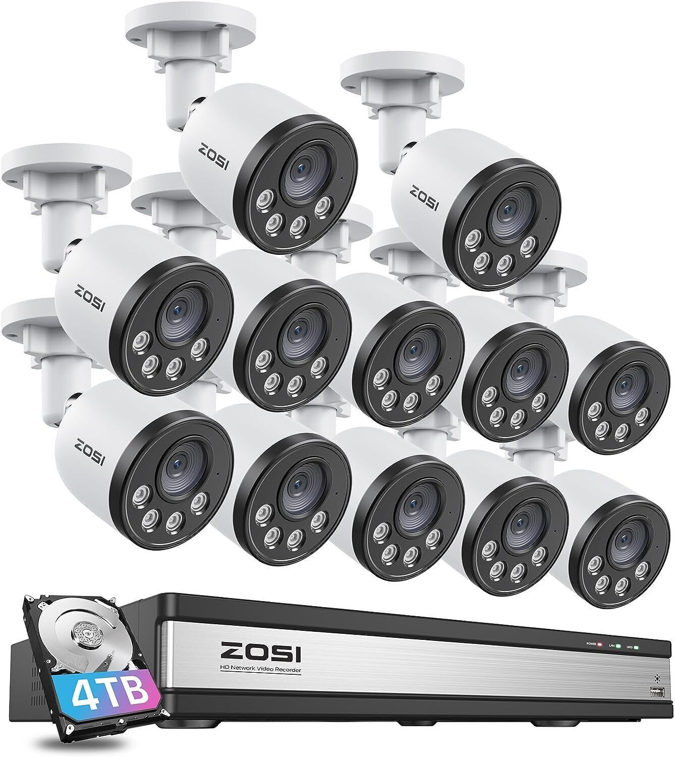 ZOSI 16CH NVR 4MP PoE Security Camera System 4TB Audio Night Vision Human Detect