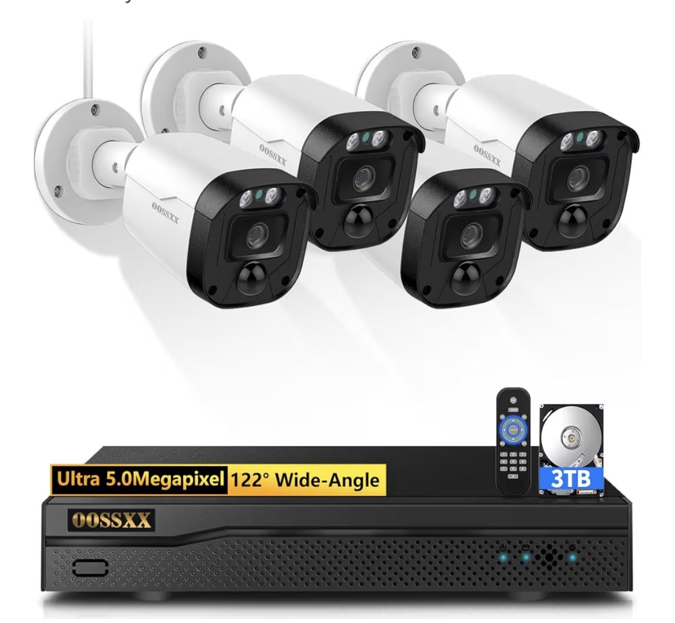 OOSSXX Full HD 5MP Wired Security Surveillance CCTV System: 4x Cameras + 3TB DVR