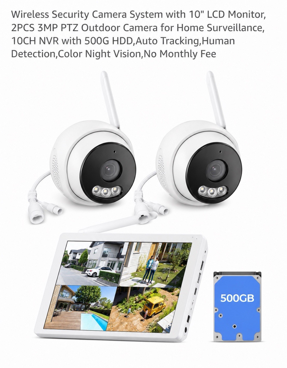 （8KP)VORGUT Wireless Security Camera System 10” LCD 2CAMS x 3MP PTZ NVR 500G HDD