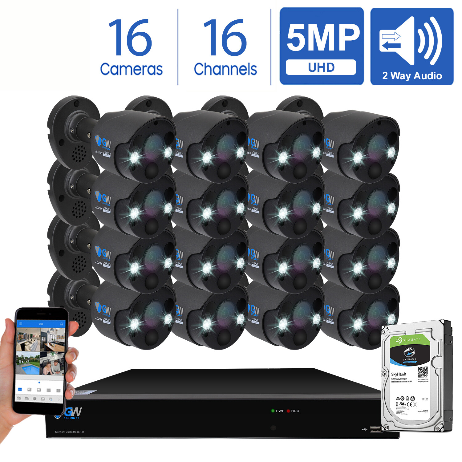 16CH NVR 16 X 5MP Two Way Audio Full-time Color PoE IP Security Camera System 4T