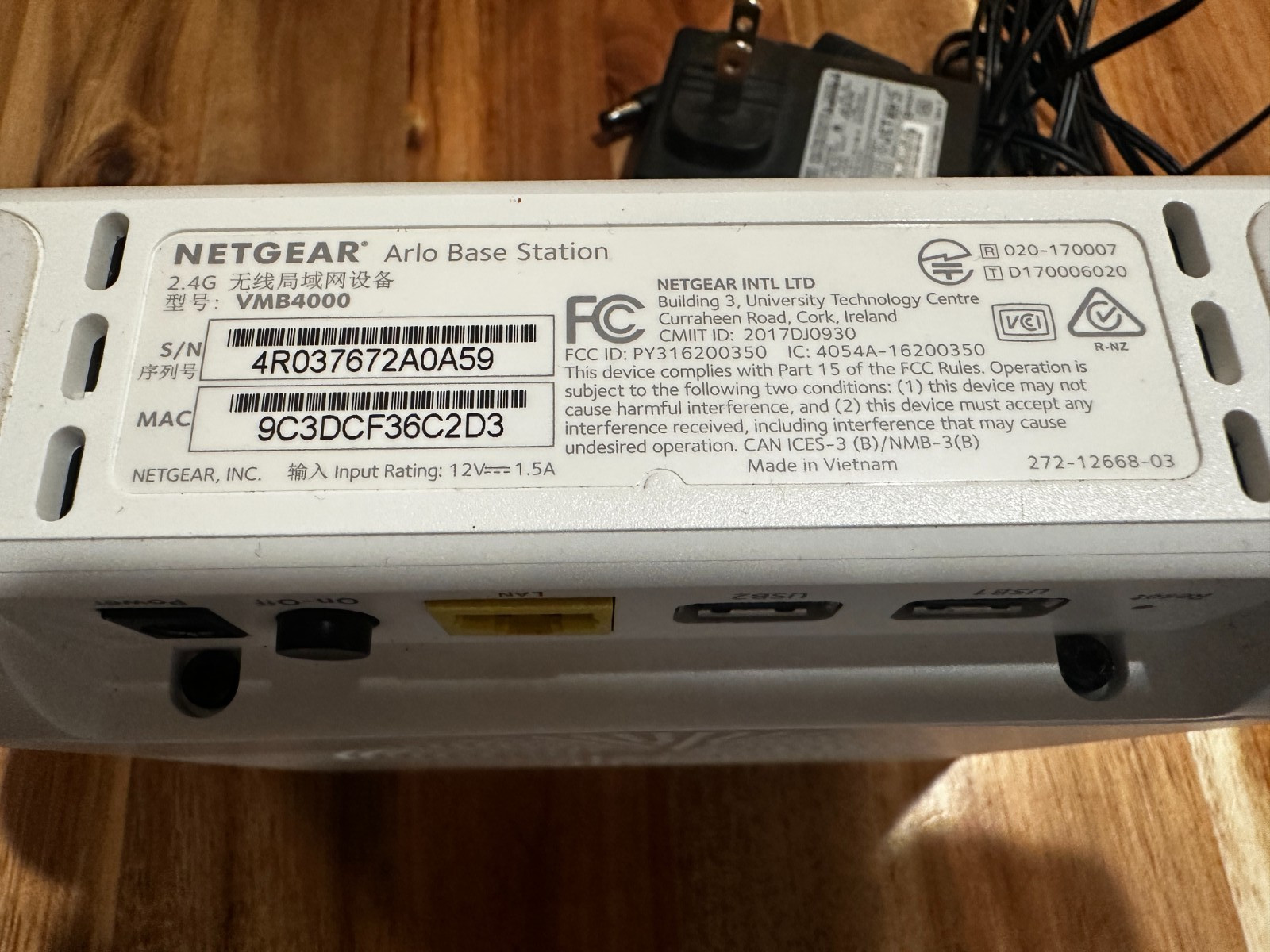 NetGear Arlo Pro Security Base Station VMB4000 w/ Power Supply No Camera