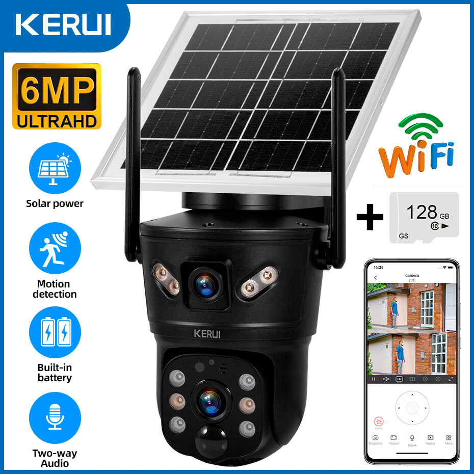 6MP Solar Dual Lens Wireless Security Camera Outdoor WiFi Cam With 128GB SD Card