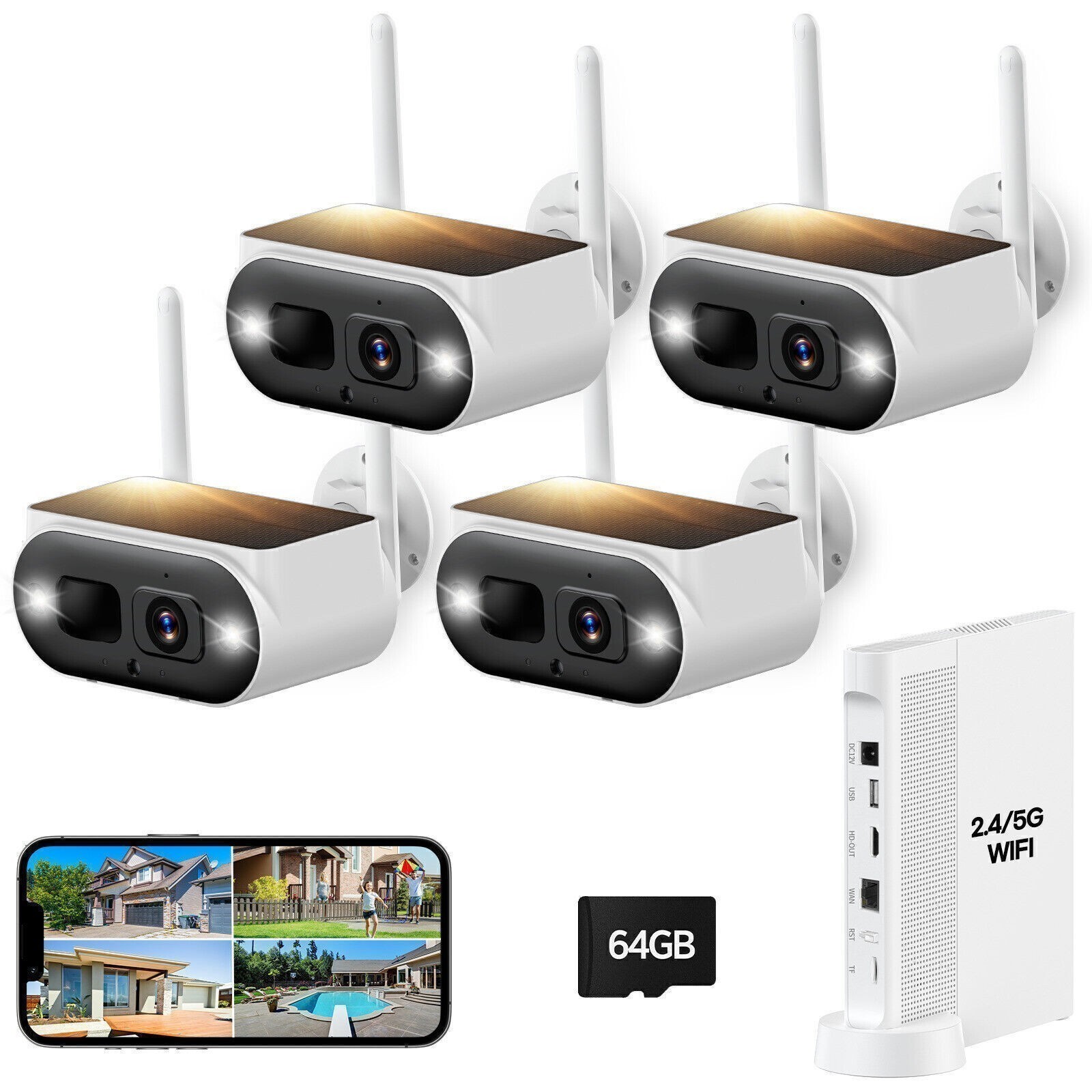 4MP Wireless Security Camera System with Solar Panel 2.4/5GHz WiFi 10CH NVR 64Gb