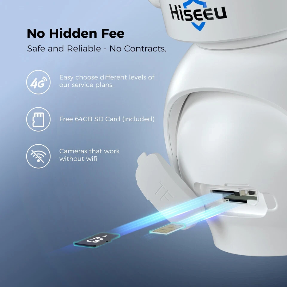Hiseeu 4G LTE Cellular Security Camera Outdoor SD Card Wireless Solar Powered