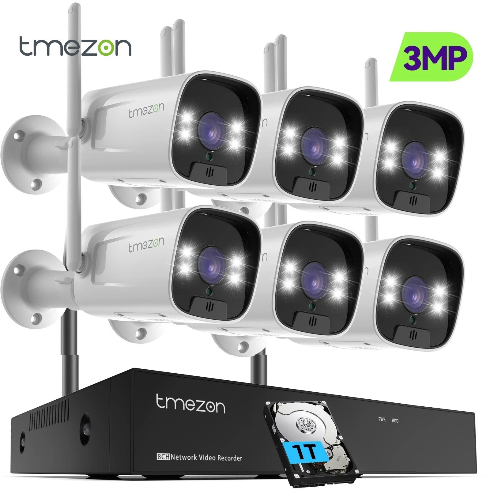 Wireless Surveillance Camera System 3MP NVR Home IP66 1TB Color IR nightstand