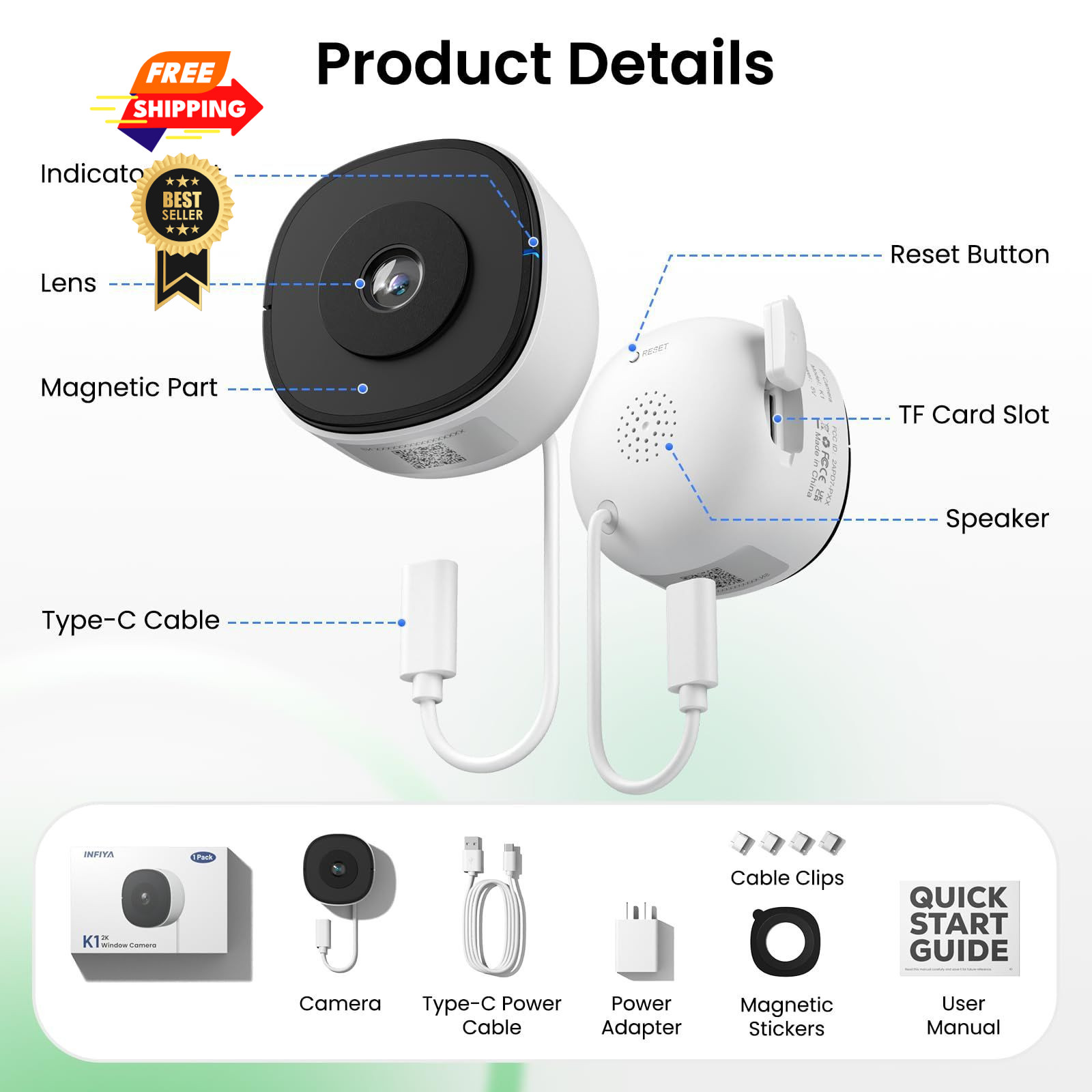 INFIYA 2K No Drill Window Camera-2 Pack 2.4Ghz & 5Ghz 2.4G&5G 2-Pack, White