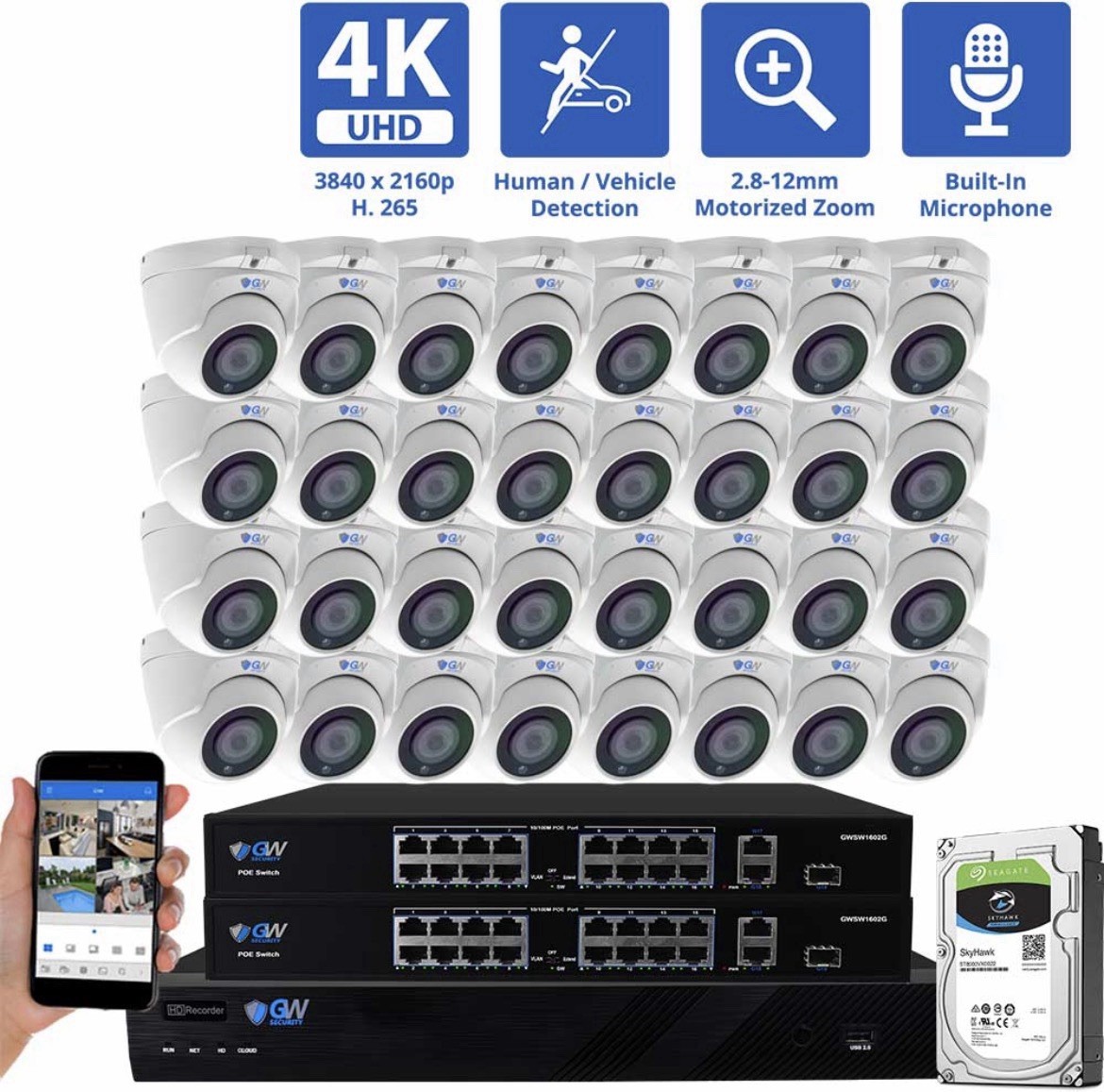 GW Security 32 channel cam 4K IP PoE System wNVR Recorder, PoE Switch, HDD, Mic