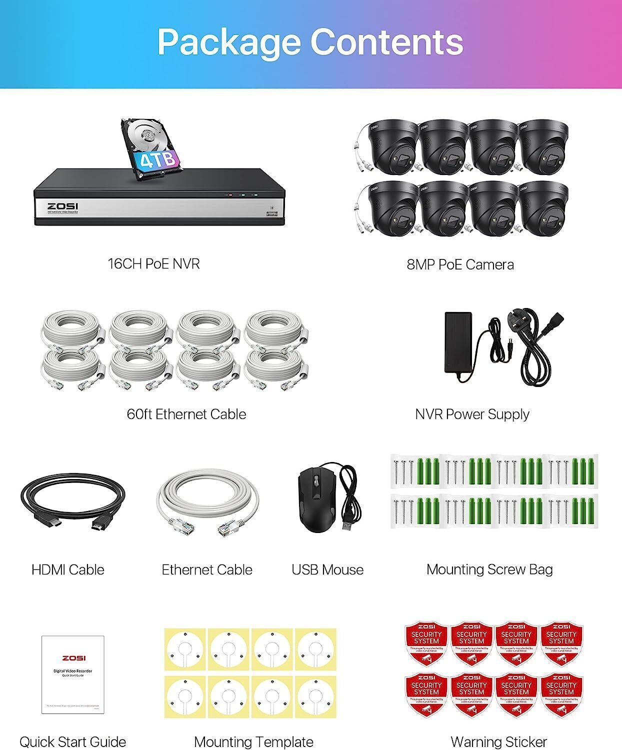 ZOSI 16CH 4K PoE Home Security Camera System Audio AI 8MP NVR with 4TB HDD 24/7