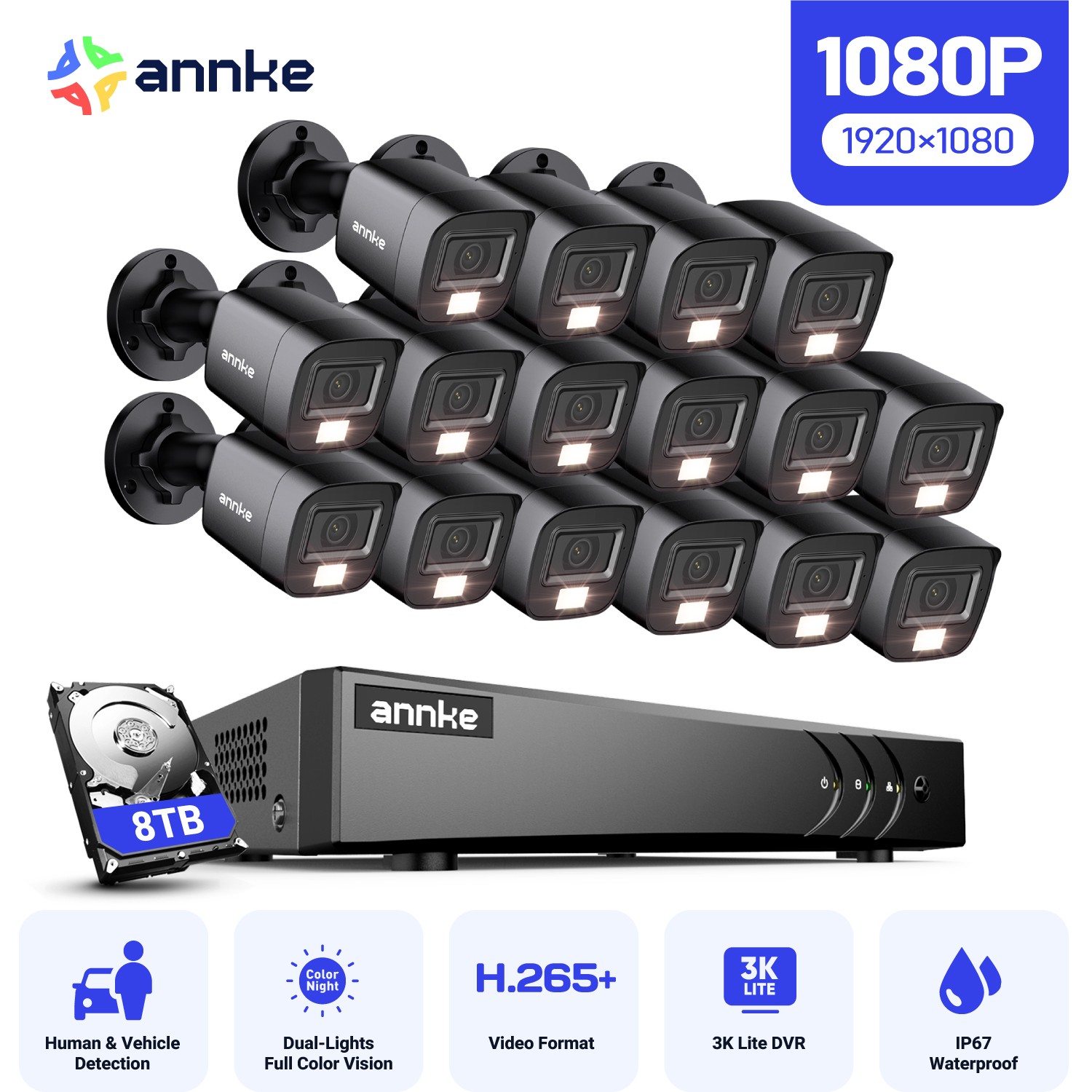 ANNKE 16CH 5MP Lite DVR 1080P CCTV Security Camera System Outdoor AI Color Night