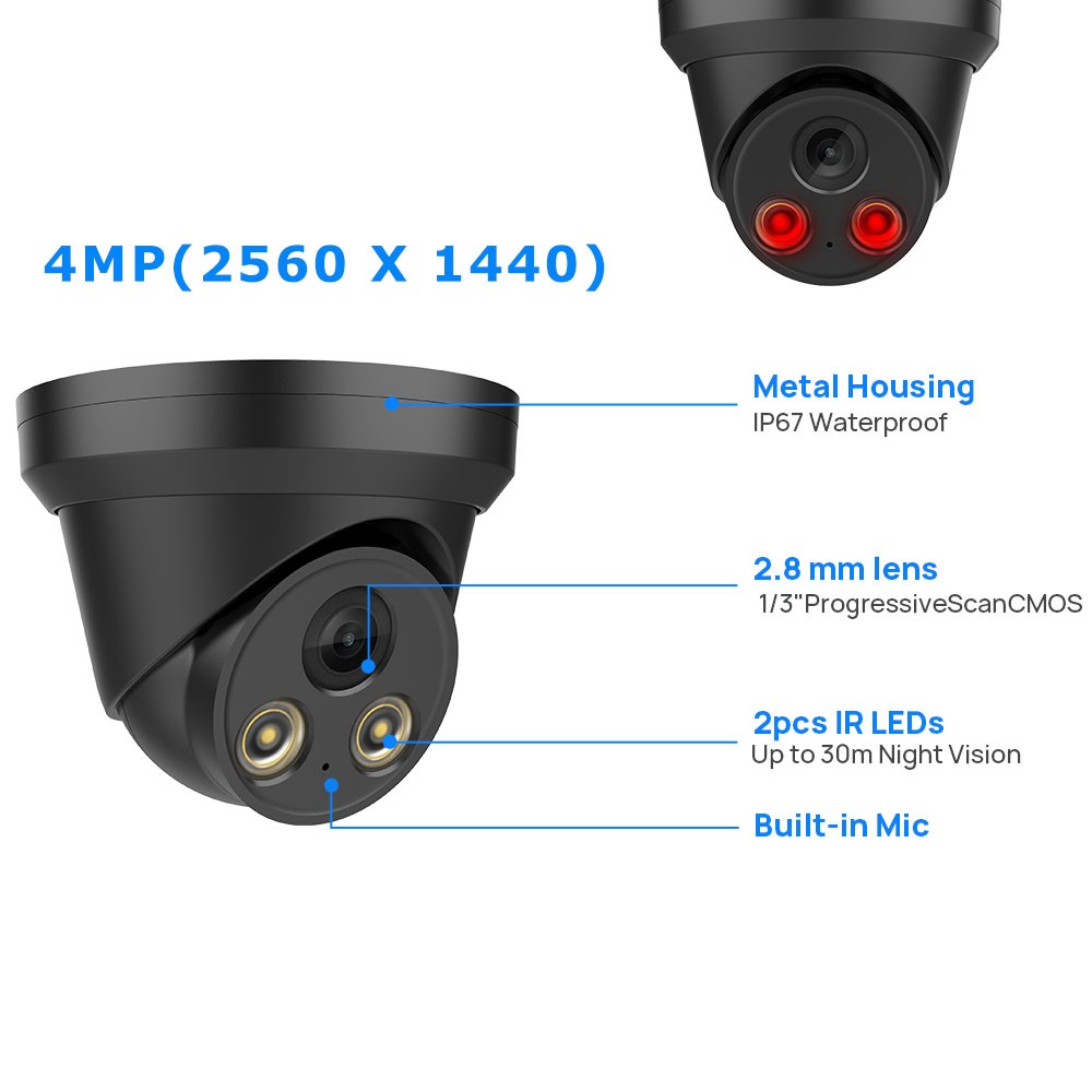 VIKYLIN 8CH 8POE NVR Security Systems Turret IR30M 4MP IP CAMERA MIC Black Lot