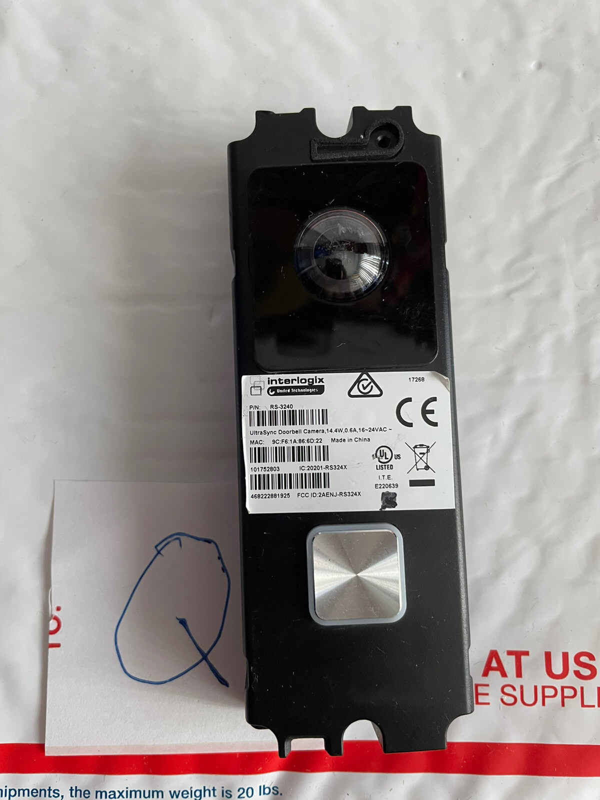 Interlogix UltraSync RS-3240 Doorbell Camera 14.4W 0.6A 16-24VAC – Black