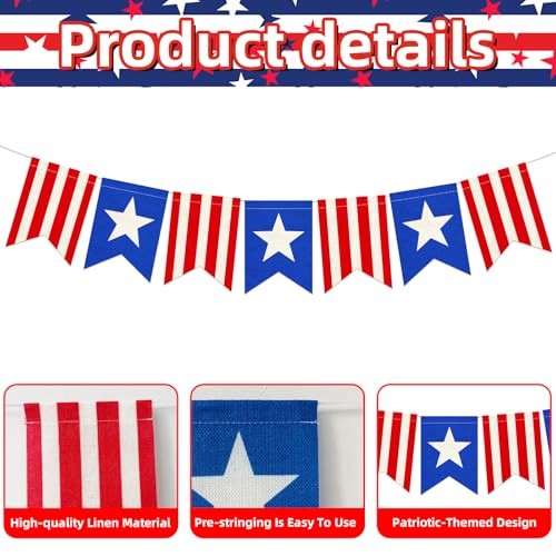 Pre-Strung Patriotic Linen Banner with Red, White & Blue Star Panels, Rustic