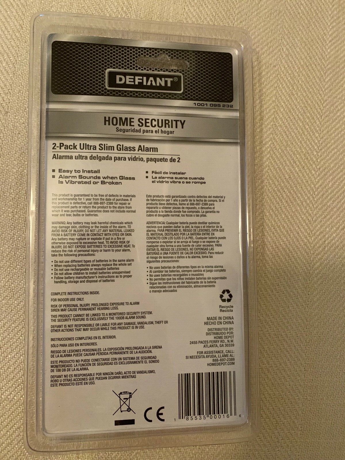 Defiant Home Security Wireless Alarm & 2 Slim Glass Alarms & 2 Window Locks-NEW!